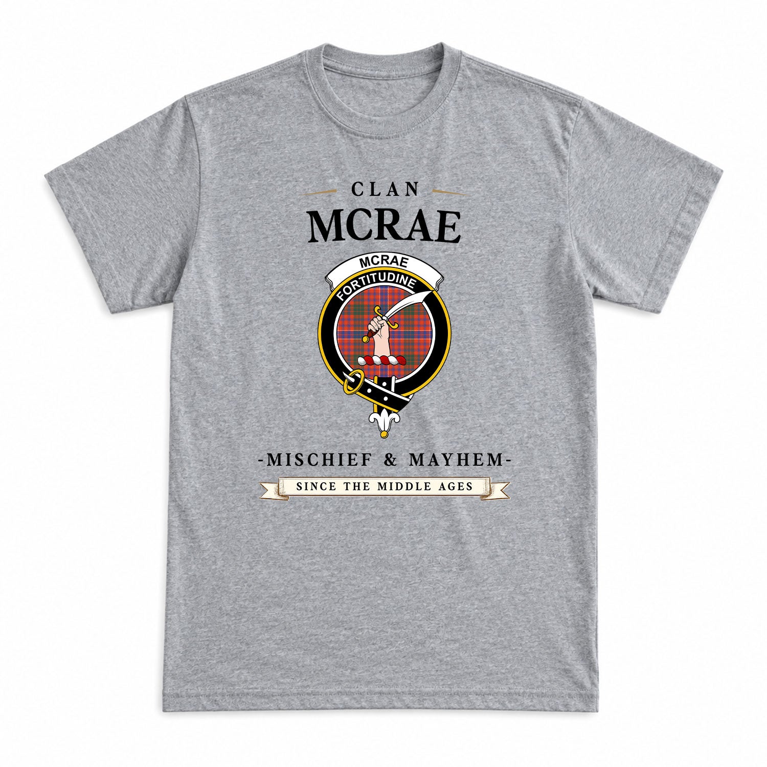 McRae Ancient Tartan Crest Mischief and Mayhem T-shirt