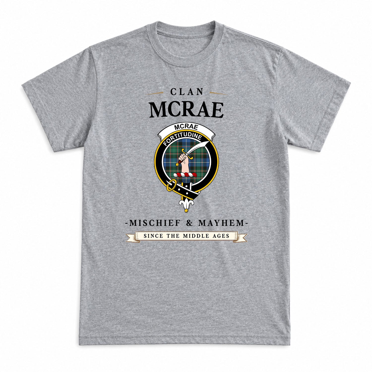 McRae Hunting Ancient Tartan Crest Mischief and Mayhem T-shirt