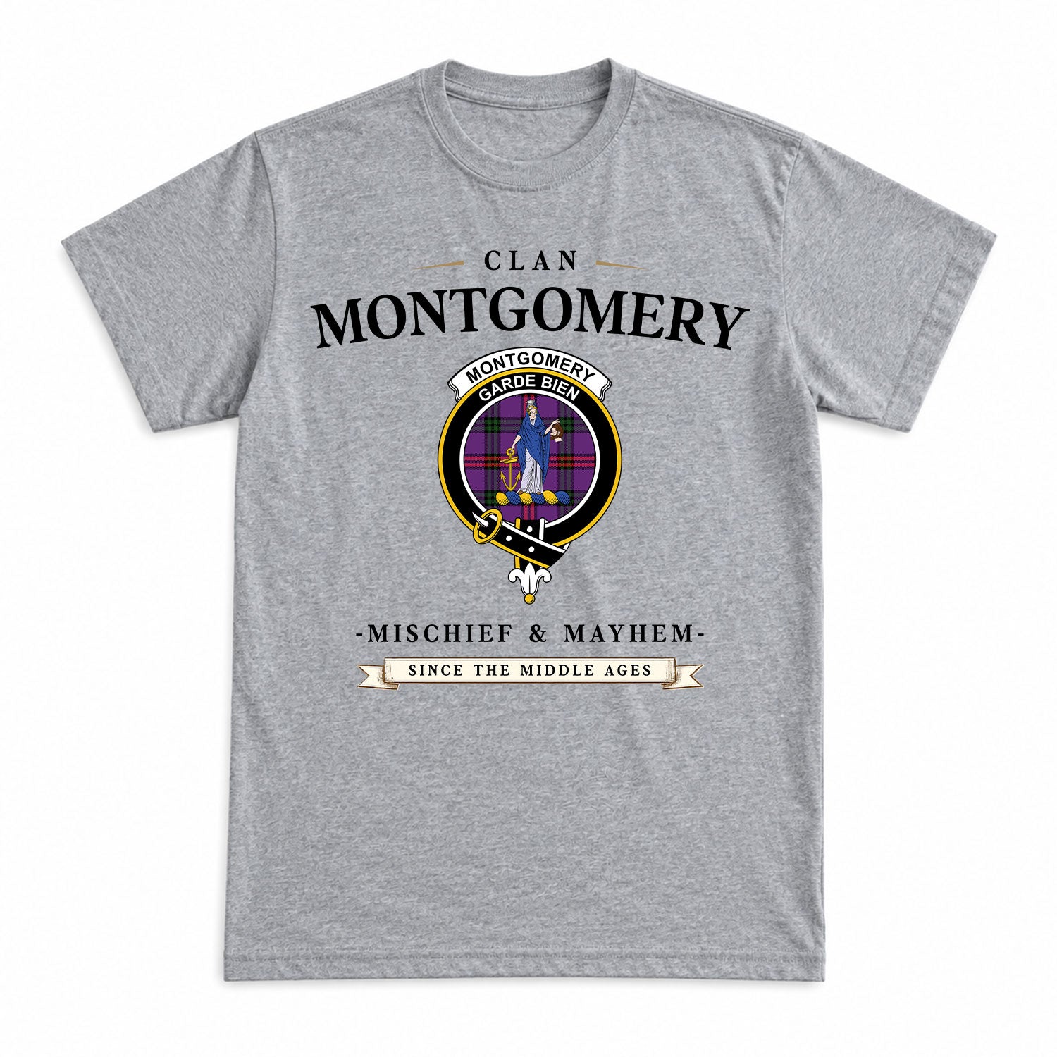 Montgomery Modern Tartan Crest Mischief and Mayhem T-shirt