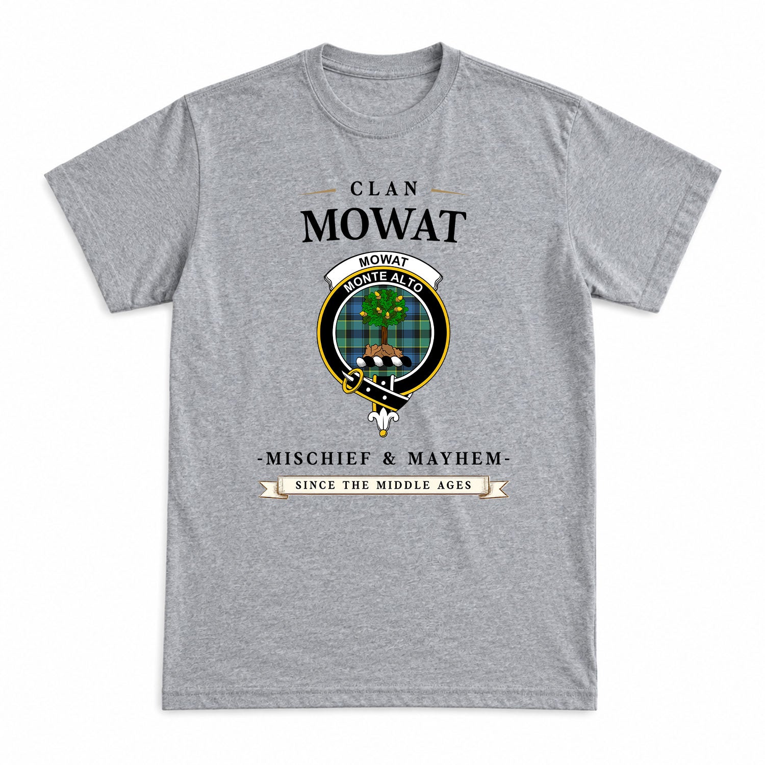 Mowat Ancient Tartan Crest Mischief and Mayhem T-shirt