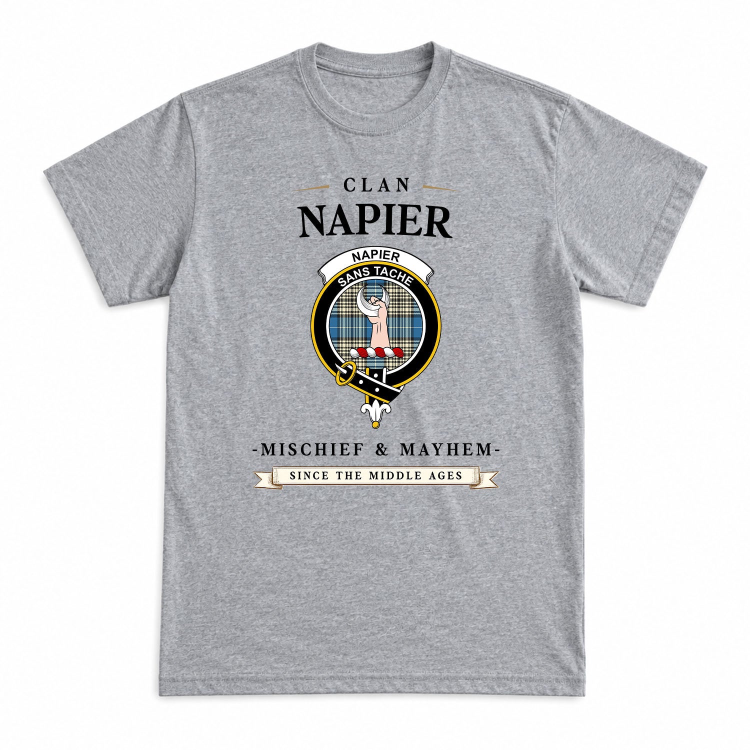 Napier Ancient Tartan Crest Mischief and Mayhem T-shirt