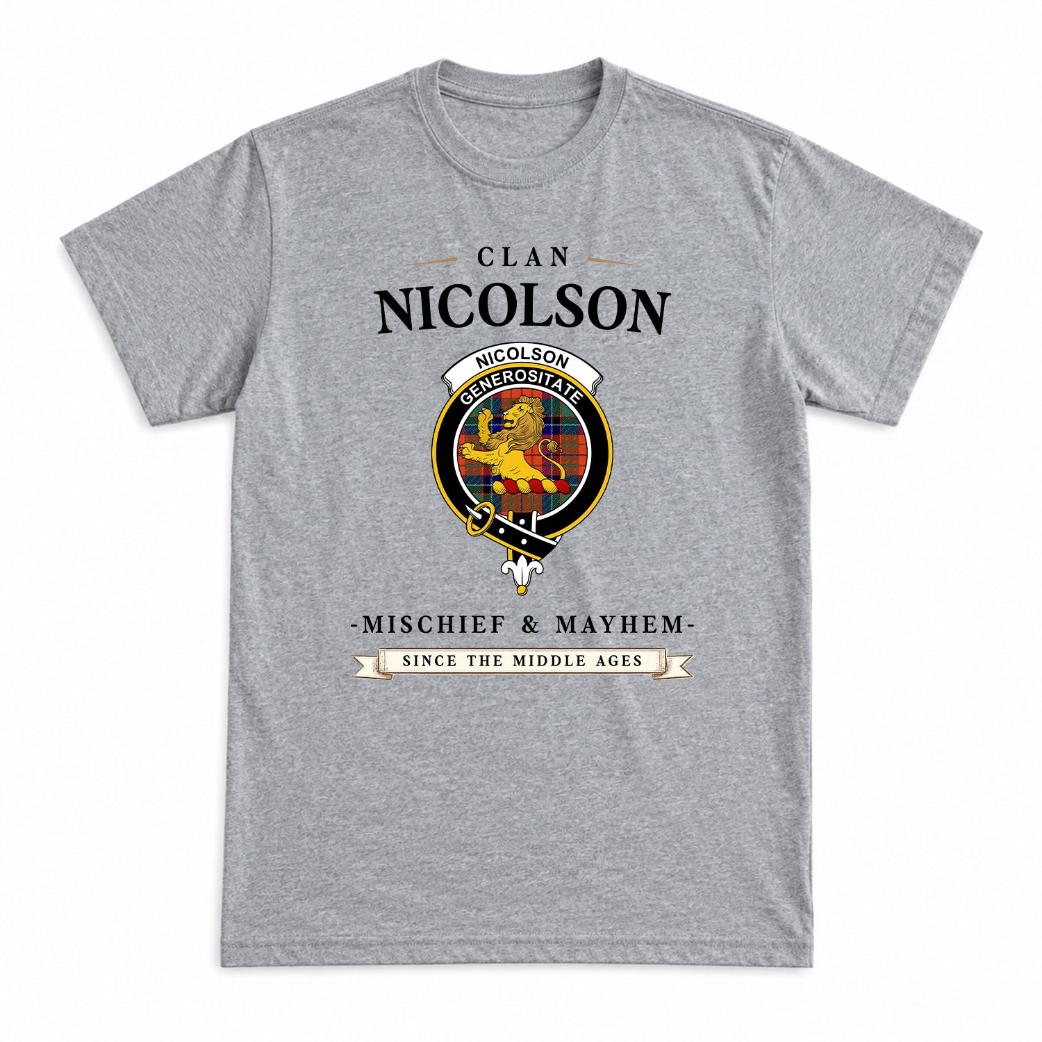 Nicolson Ancient Old Tartan Crest Mischief and Mayhem T-shirt