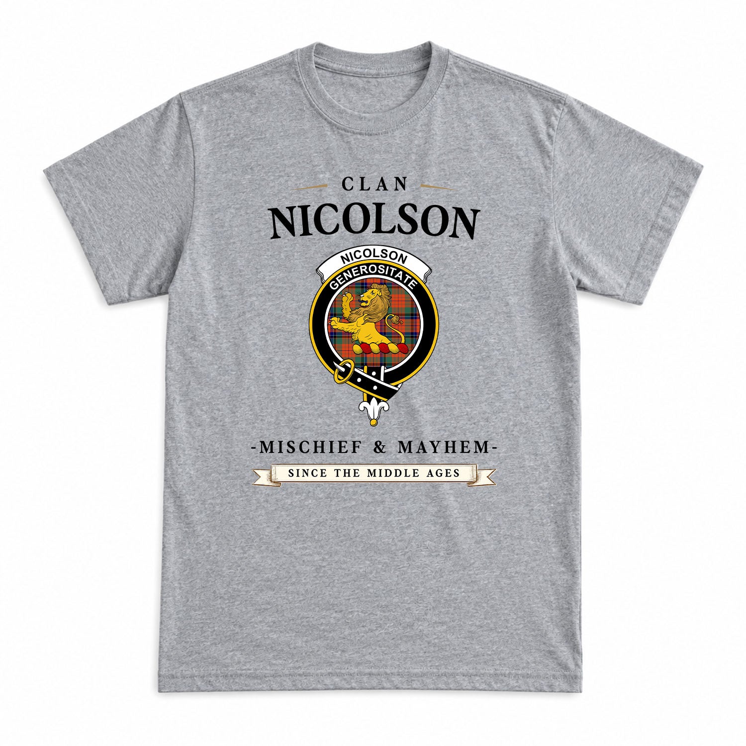 Nicolson Ancient Tartan Crest Mischief and Mayhem T-shirt