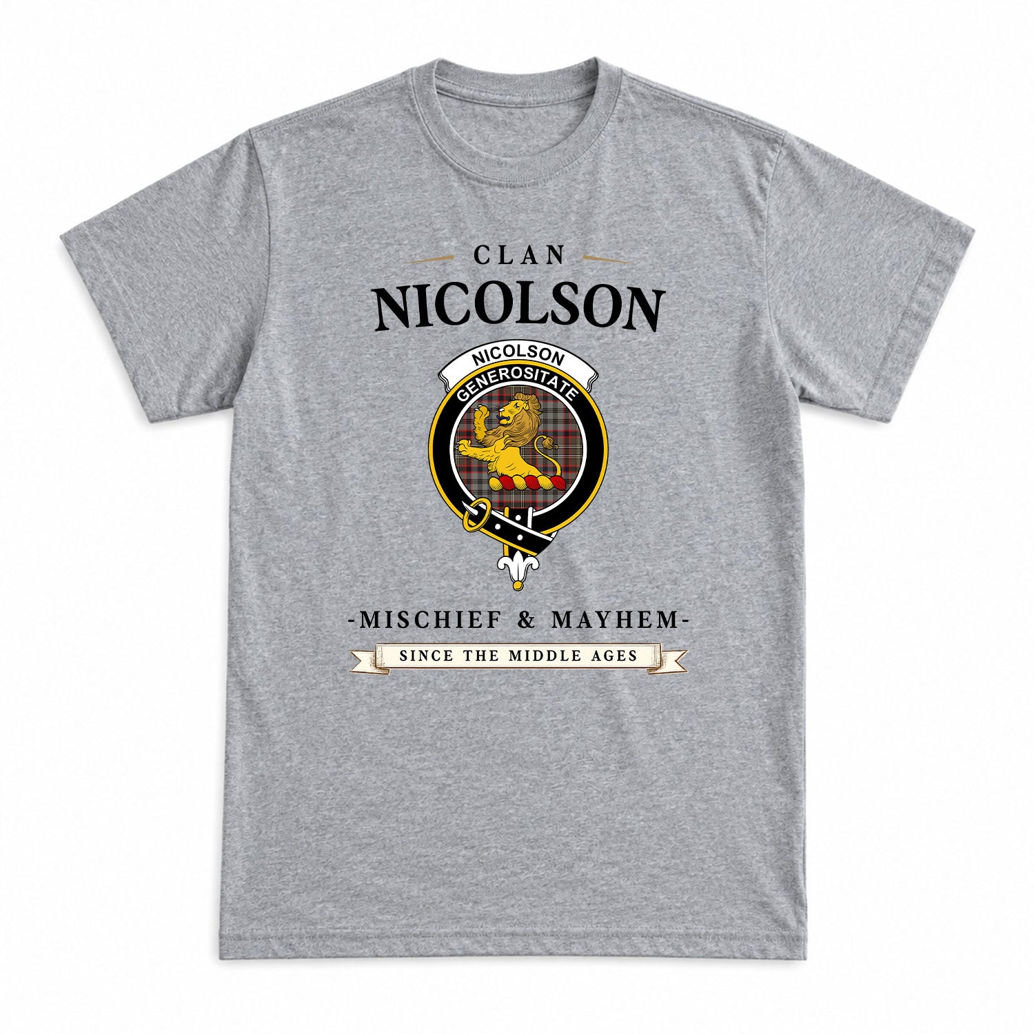 Nicolson Hunting Weathered Tartan Crest Mischief and Mayhem T-shirt