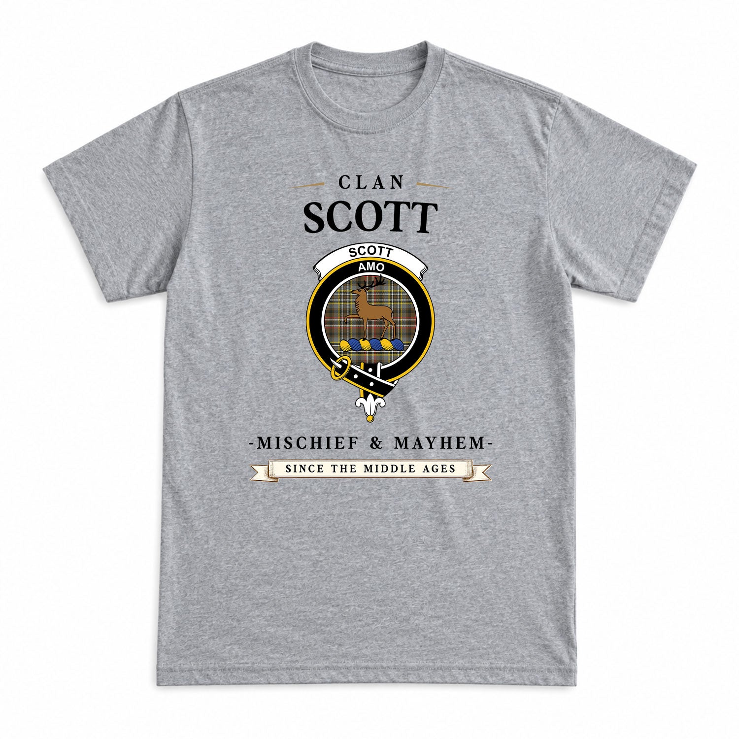 Scott Green Weathered Tartan Crest Mischief and Mayhem T-shirt