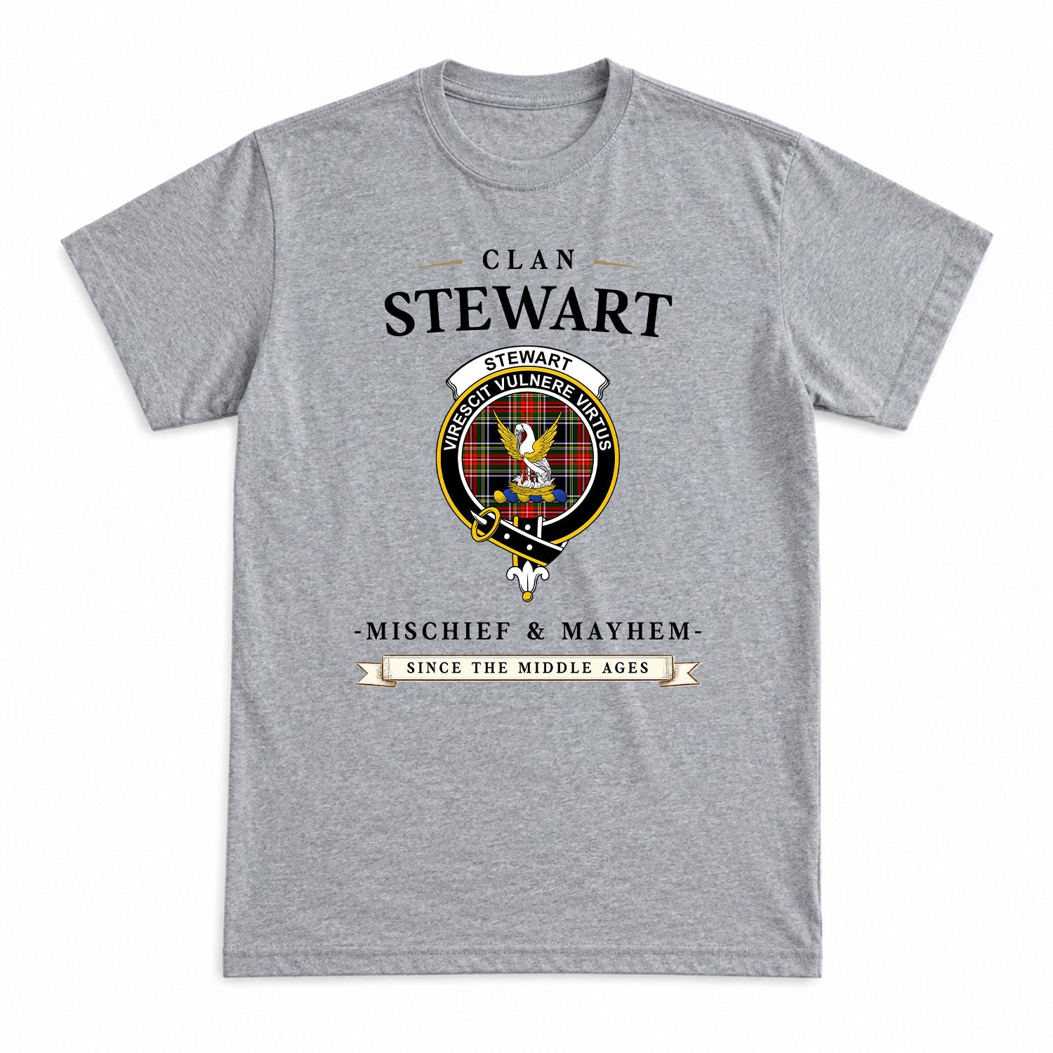 Stewart Black Tartan Crest Mischief and Mayhem T-shirt