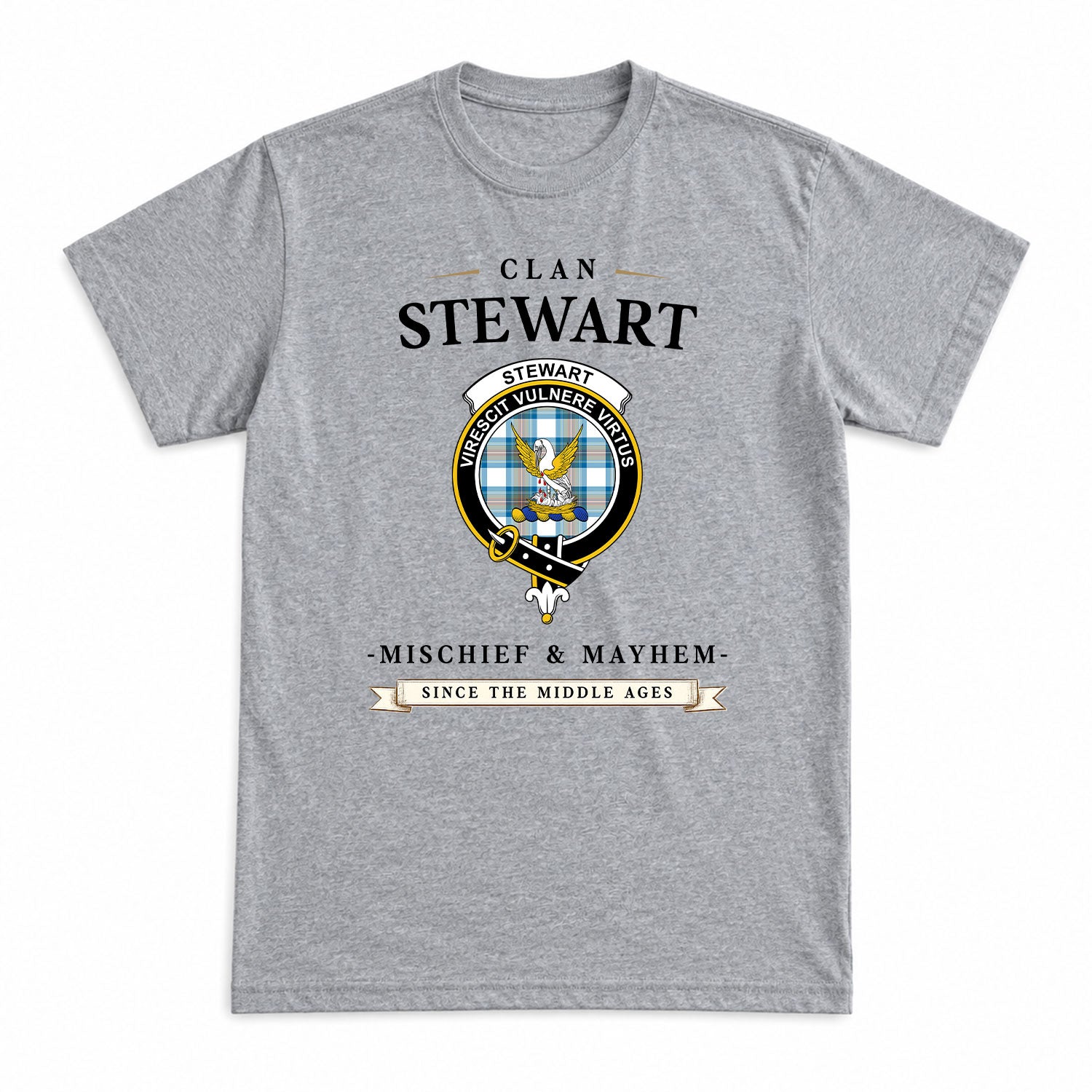 Stewart Muted Blue Tartan Crest Mischief and Mayhem T-shirt