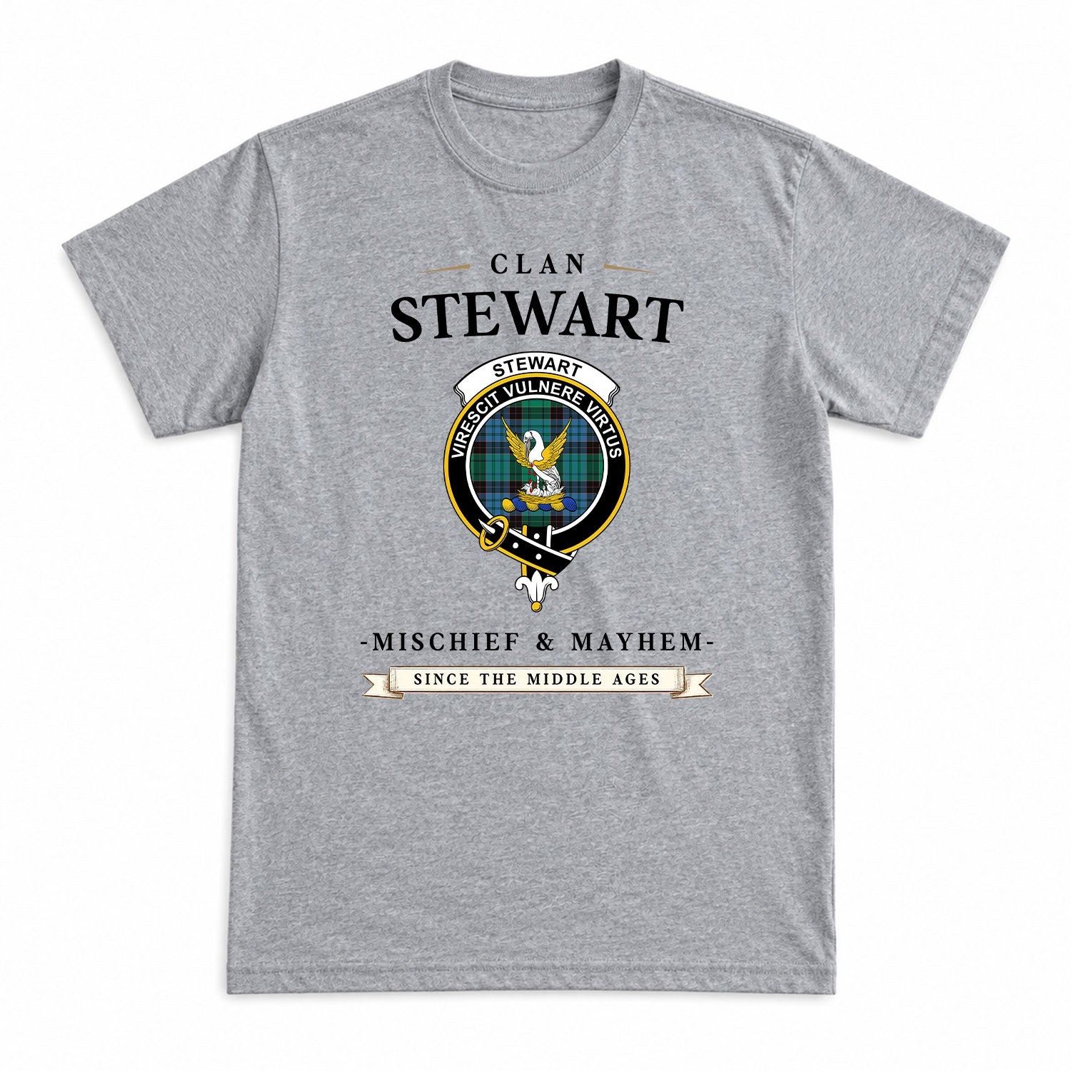 Stewart Old Ancient Tartan Crest Mischief and Mayhem T-shirt