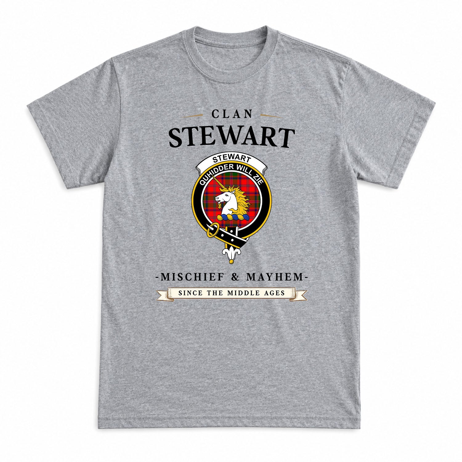 Stewart of Appin Modern Tartan Crest Mischief and Mayhem T-shirt