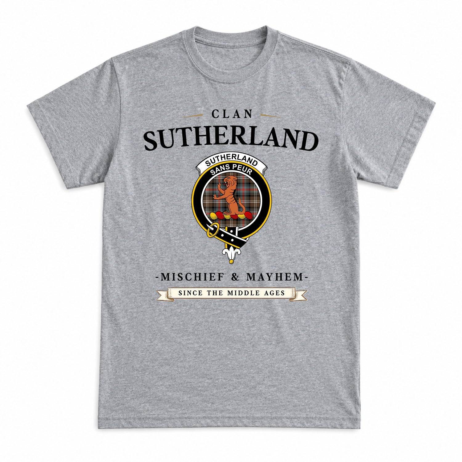 Sutherland Weathered Tartan Crest Mischief and Mayhem T-shirt