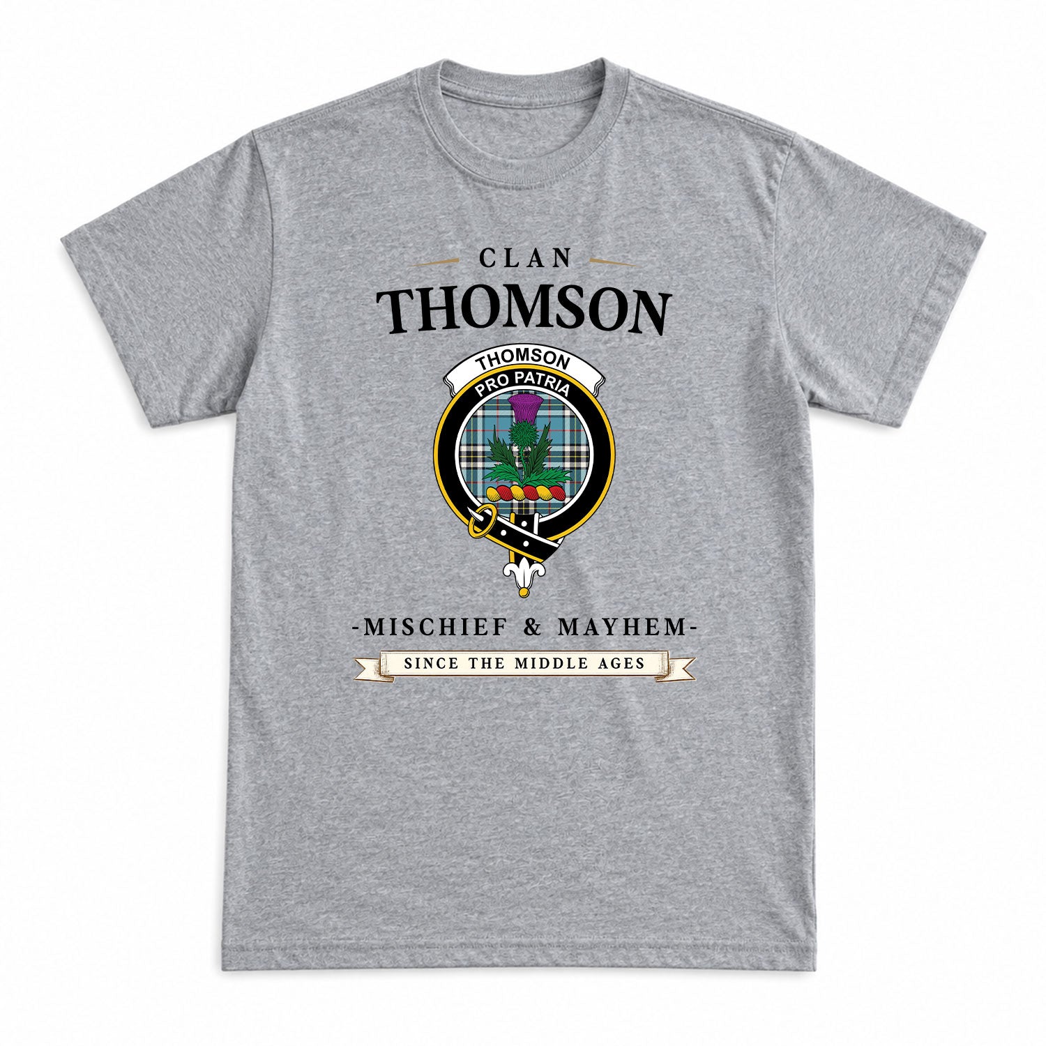 Thomson Blue Tartan Crest Mischief and Mayhem T-shirt