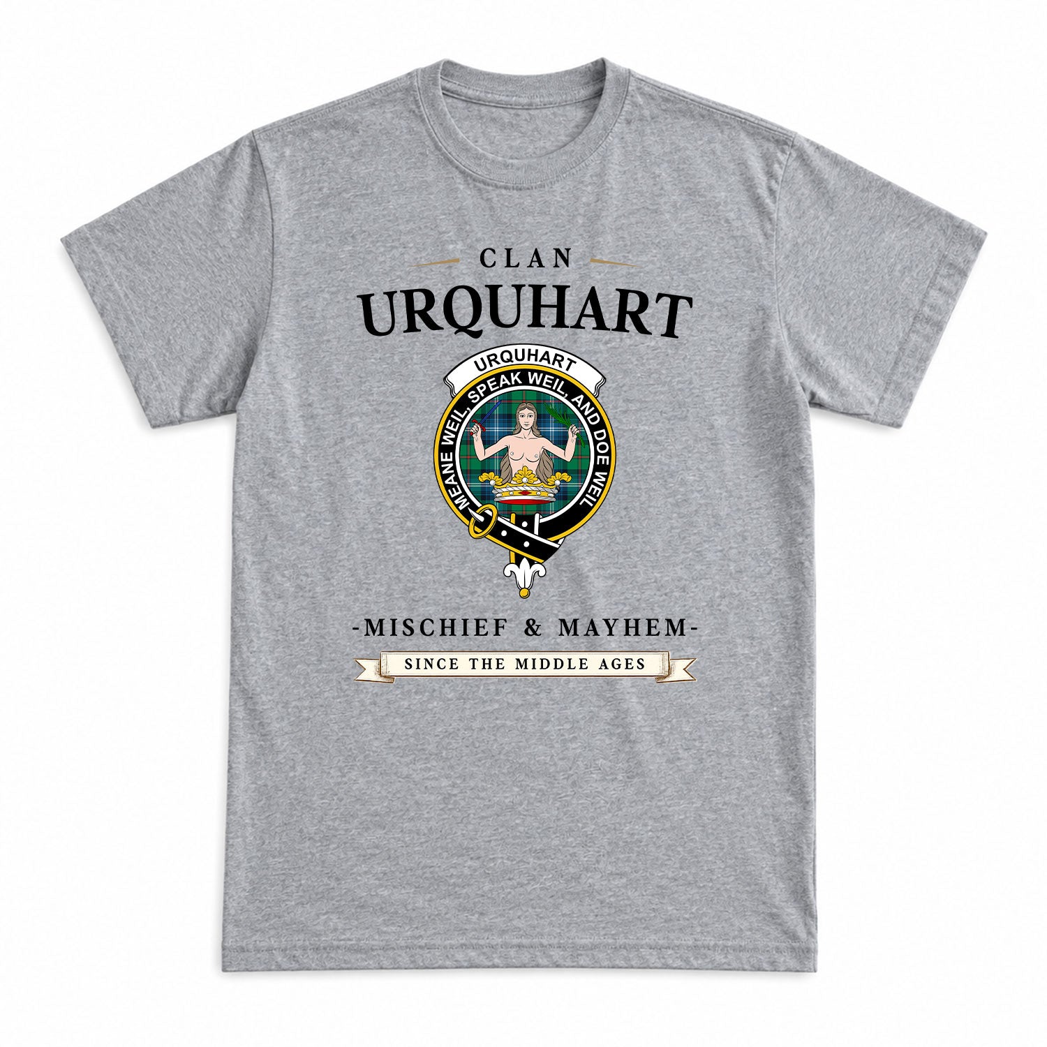 Urquhart Ancient Tartan Crest Mischief and Mayhem T-shirt