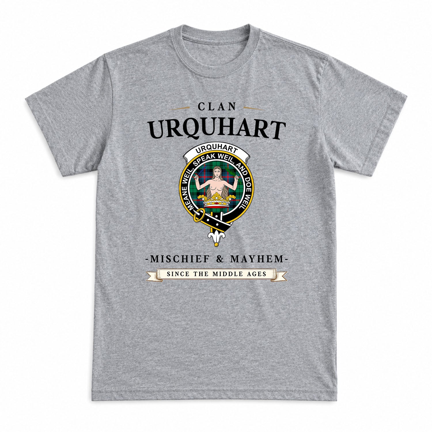 Urquhart Broad Red Ancient Tartan Crest Mischief and Mayhem T-shirt