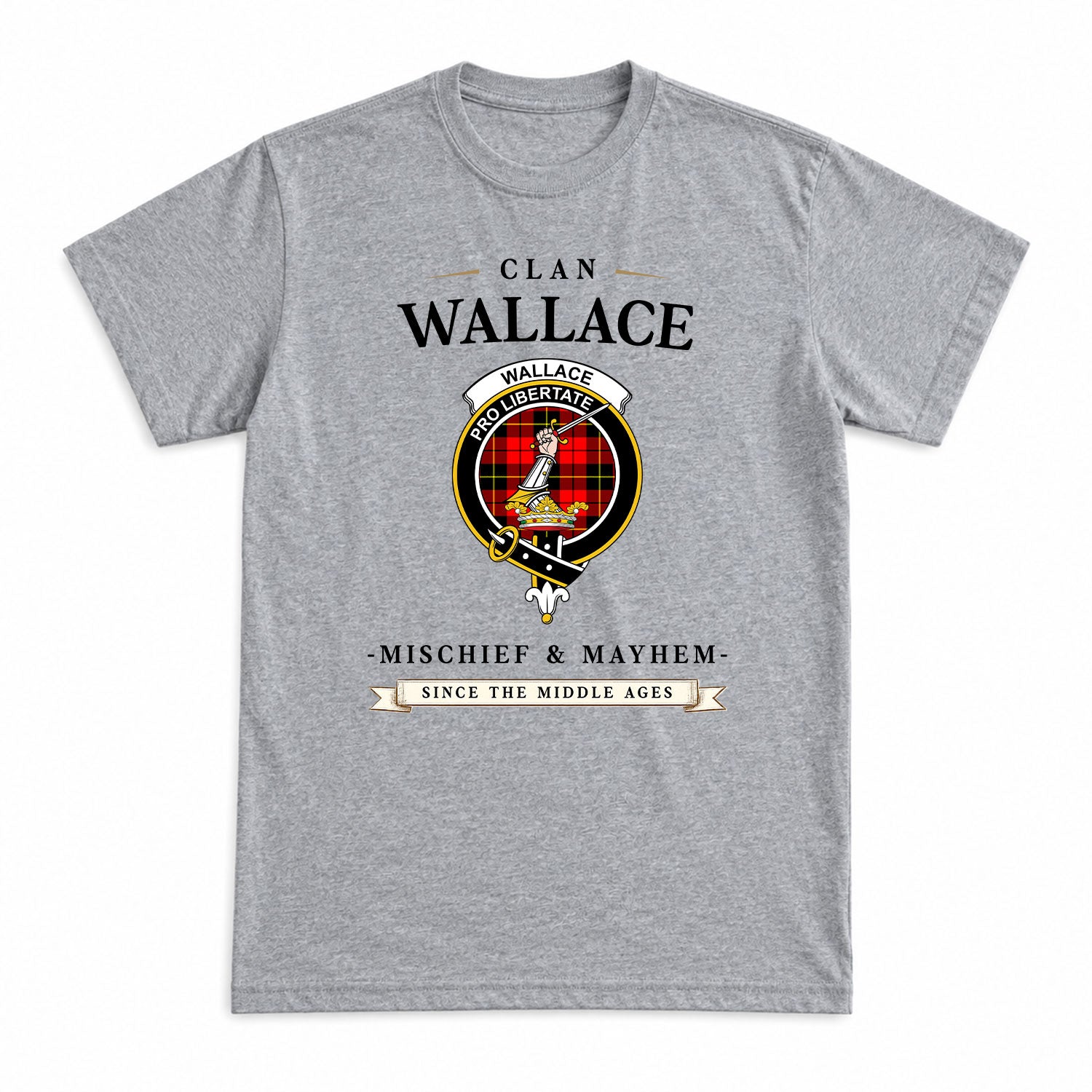 Wallace Hunting Red Tartan Crest Mischief and Mayhem T-shirt