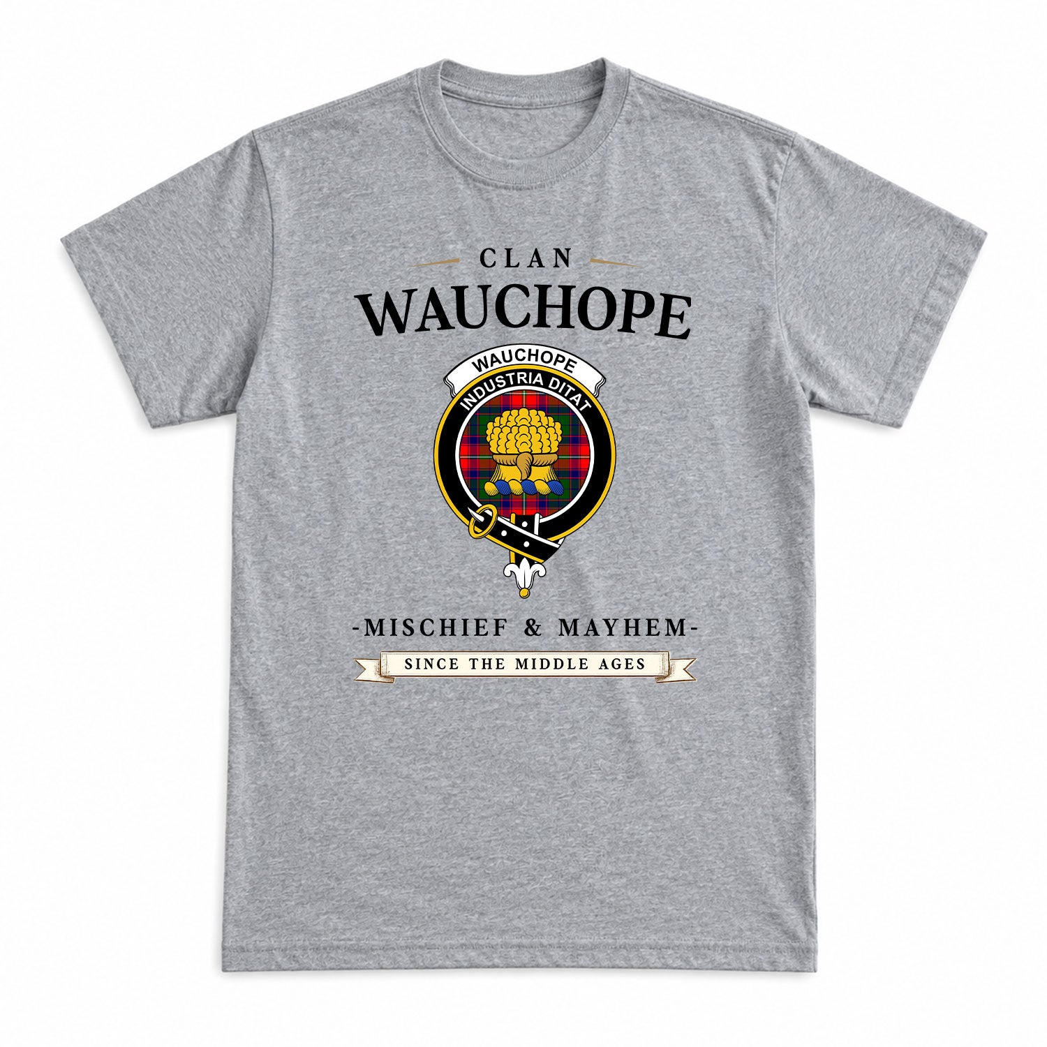 Wauchope (or Waugh) Tartan Crest Mischief and Mayhem T-shirt