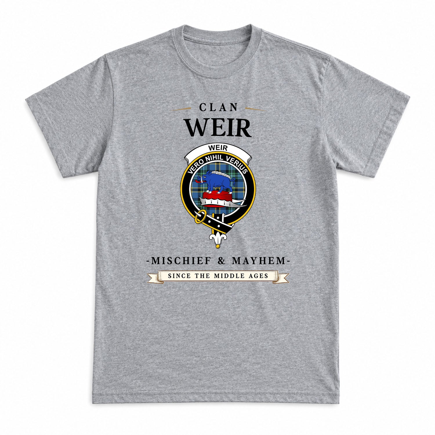 Weir Ancient Tartan Crest Mischief and Mayhem T-shirt
