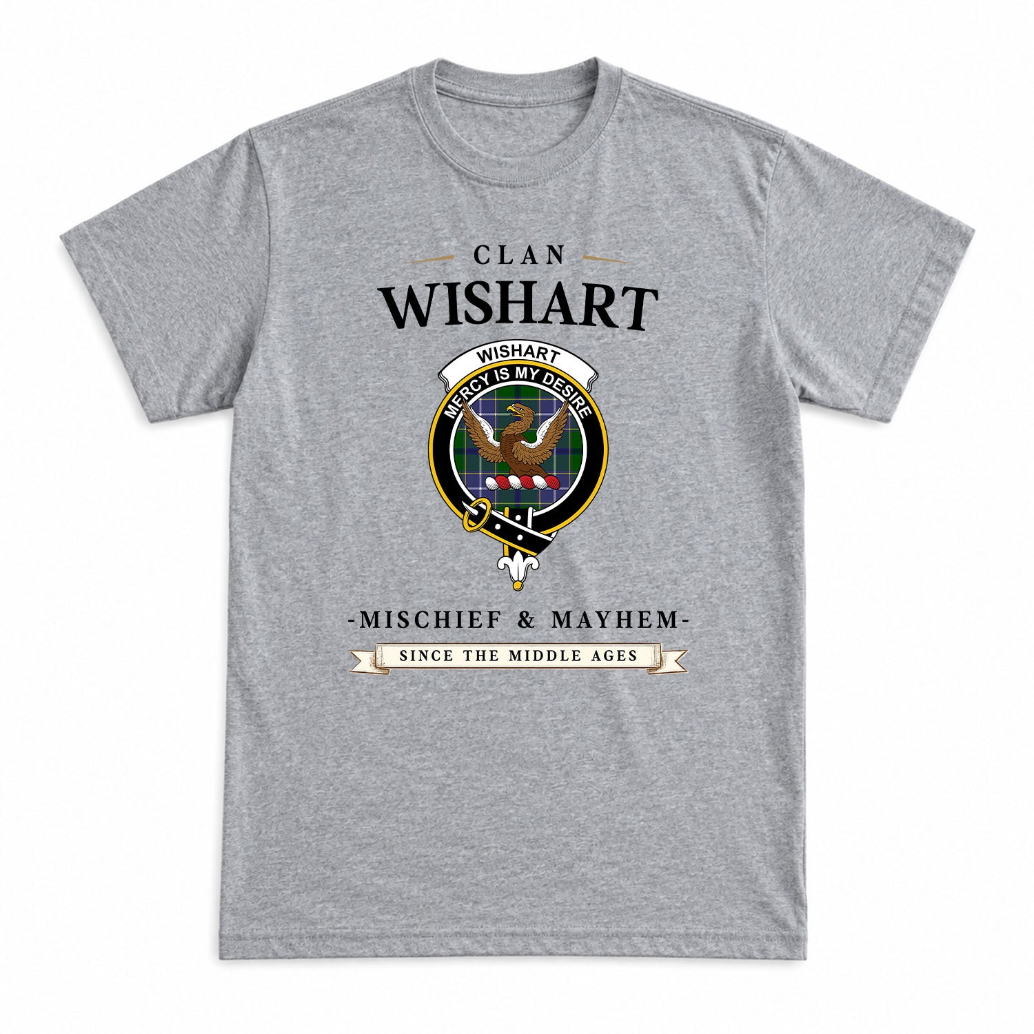 Wishart Hunting Tartan Crest Mischief and Mayhem T-shirt