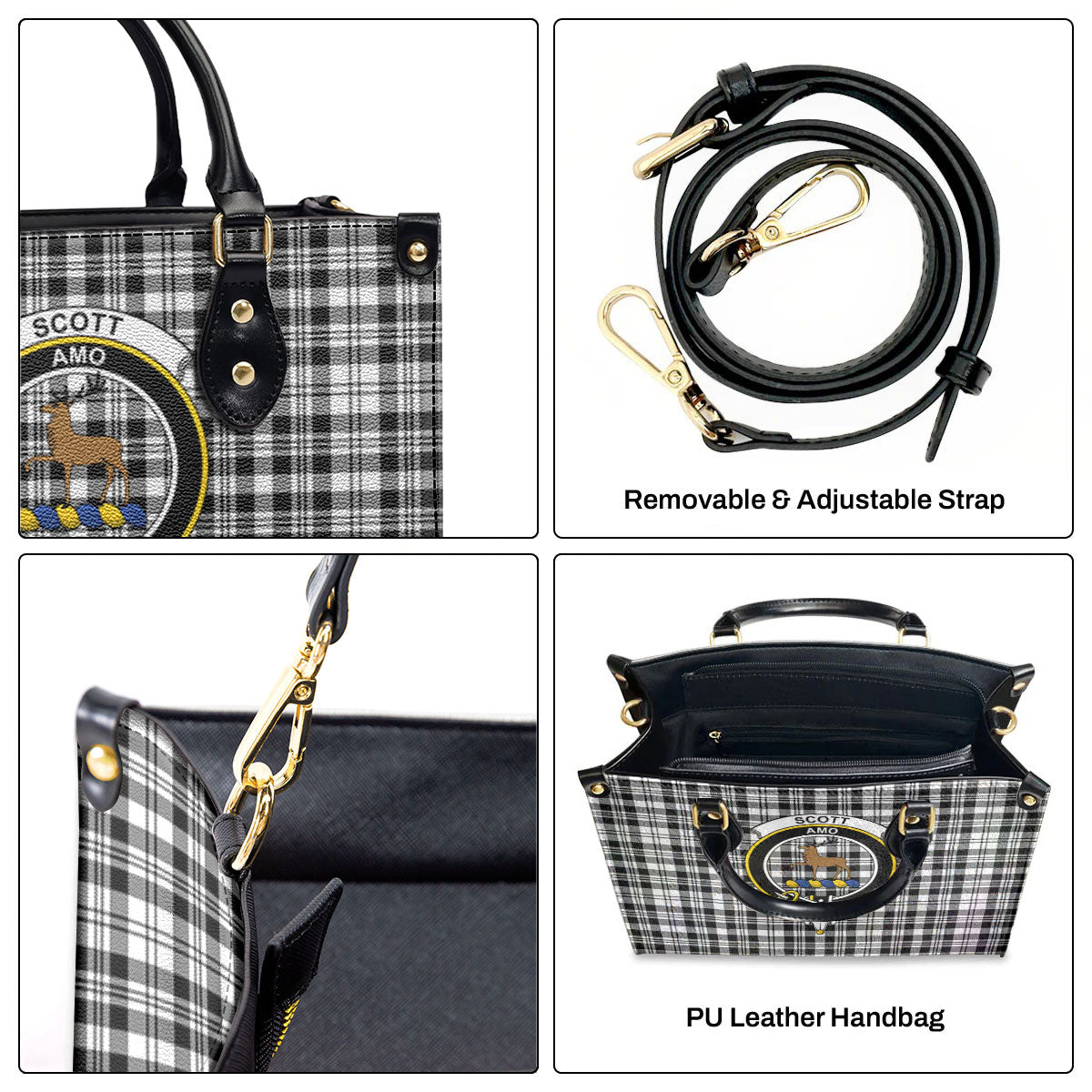 Scott Black & White Modern Tartan Crest Leather Handbag