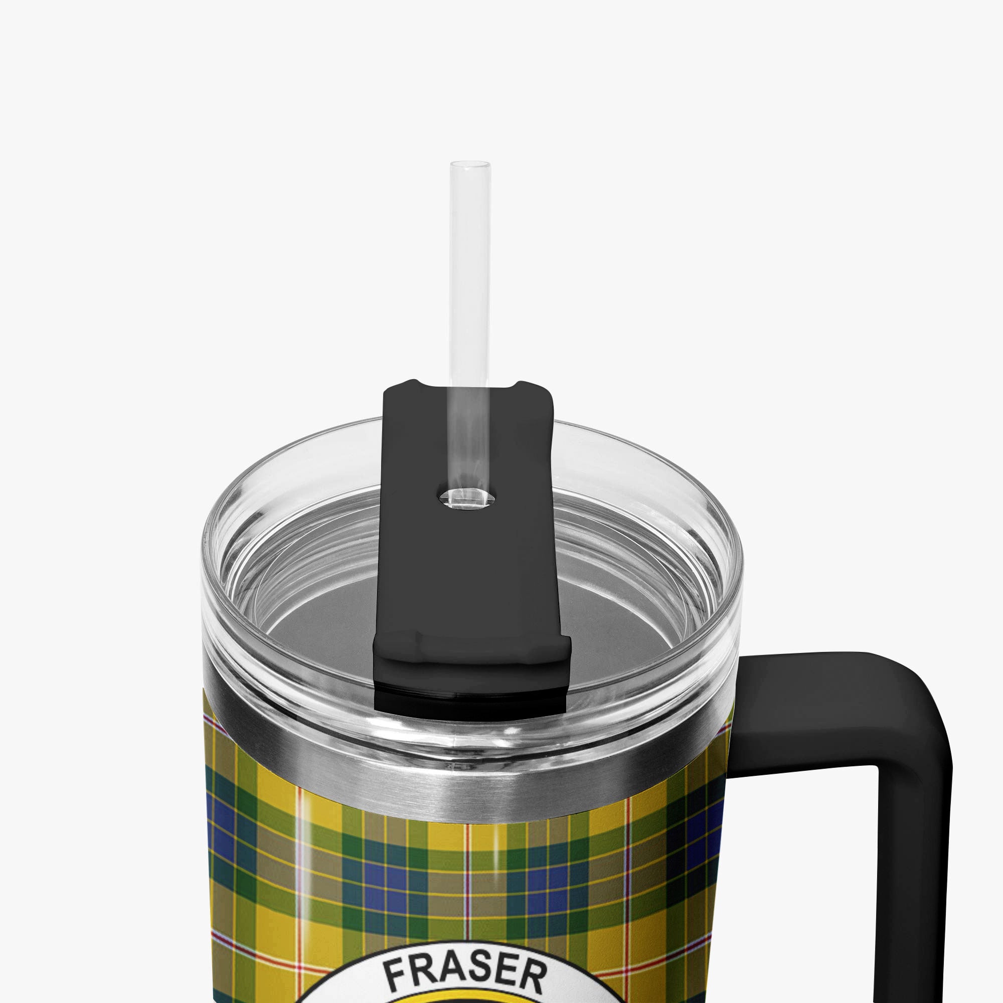 Fraser (of Lovat) Yellow Tartan Crest 40 oz Insulated Tumbler with Handle