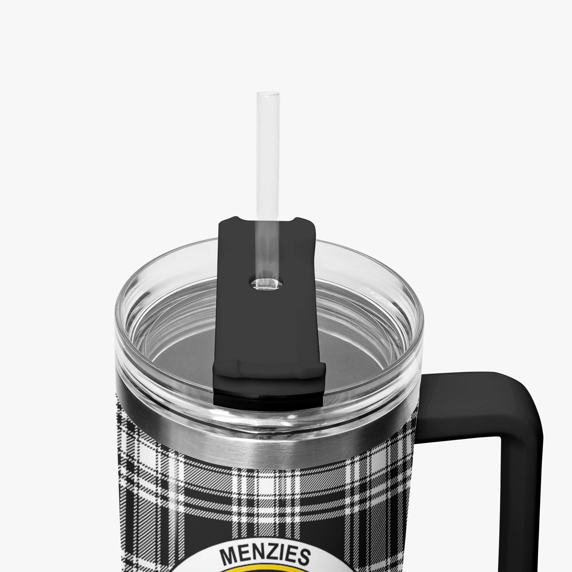 Menzies Black - White Modern Tartan Crest 40 oz Insulated Tumbler with Handle