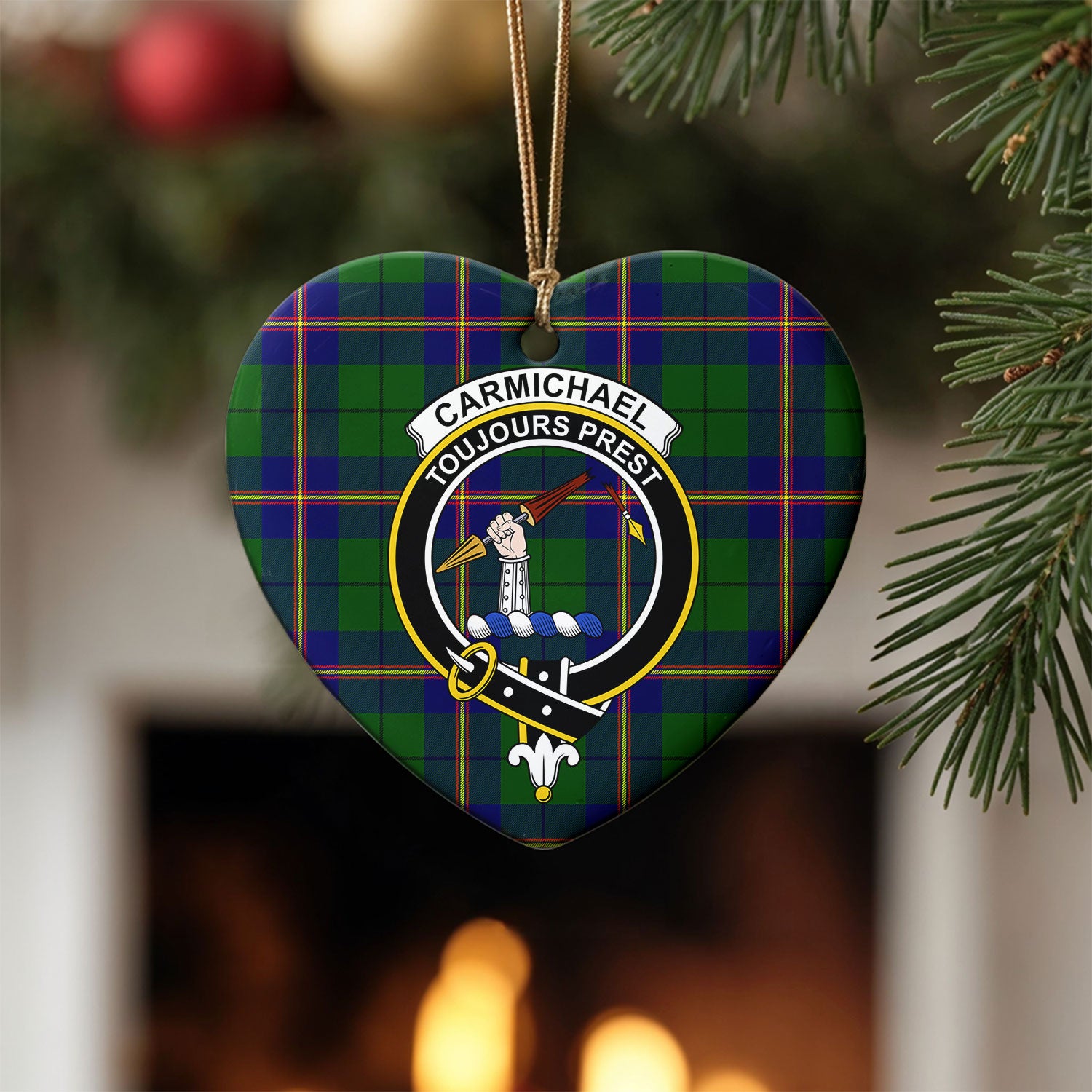 Carmichael Modern Tartan Crest Christmas Ceramic Ornament