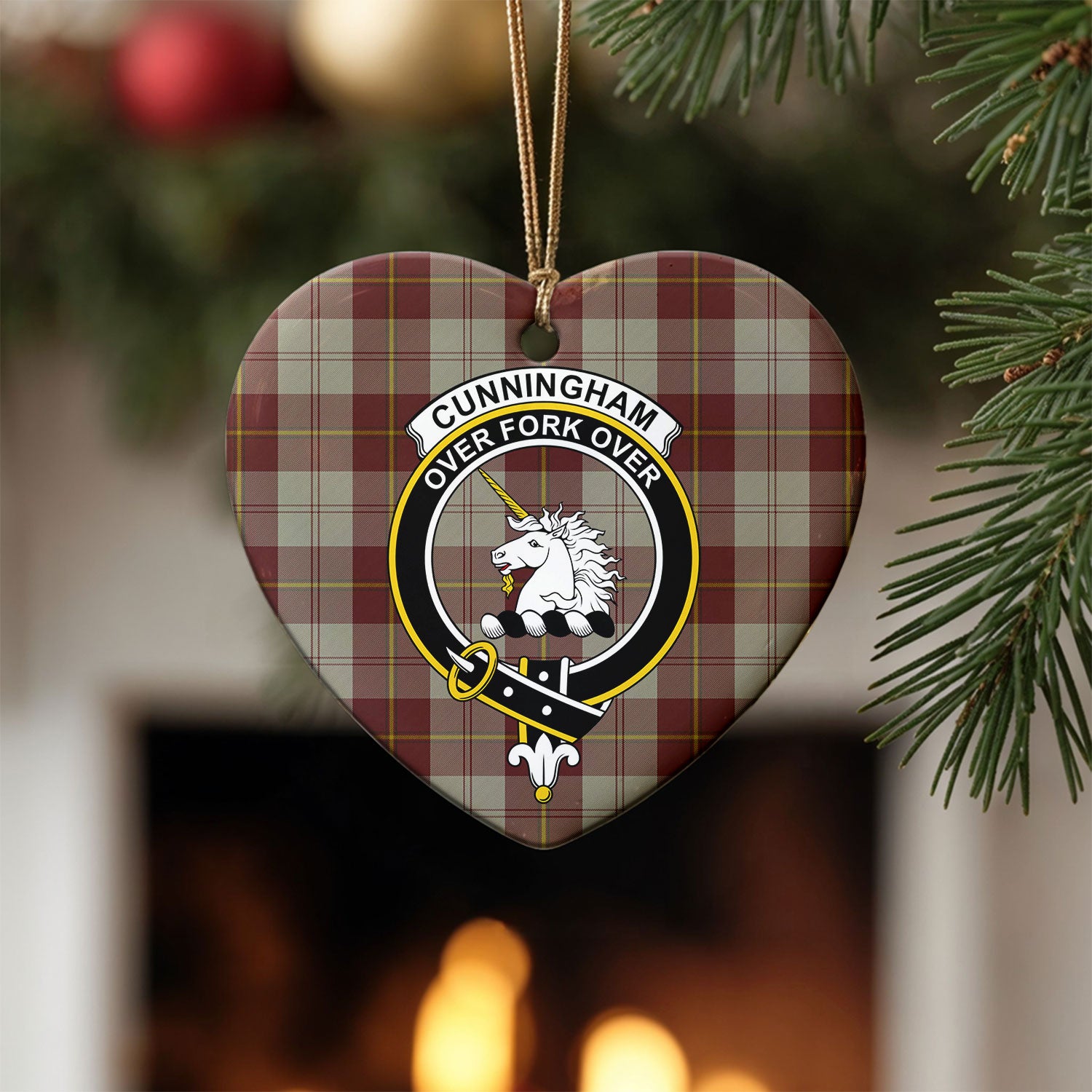 Cunningham Burgundy Dancers Tartan Crest Christmas Ceramic Ornament