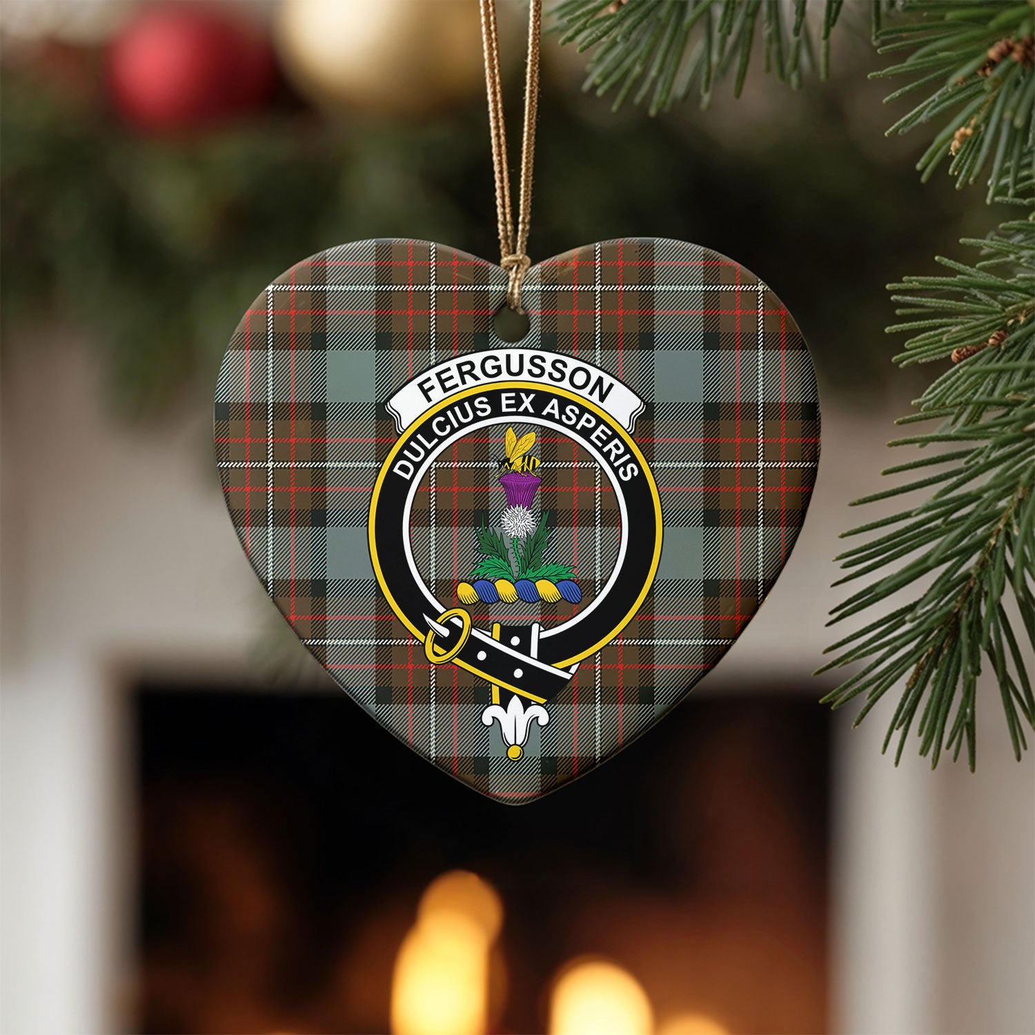 Fergusson Weathered Tartan Crest Christmas Ceramic Ornament