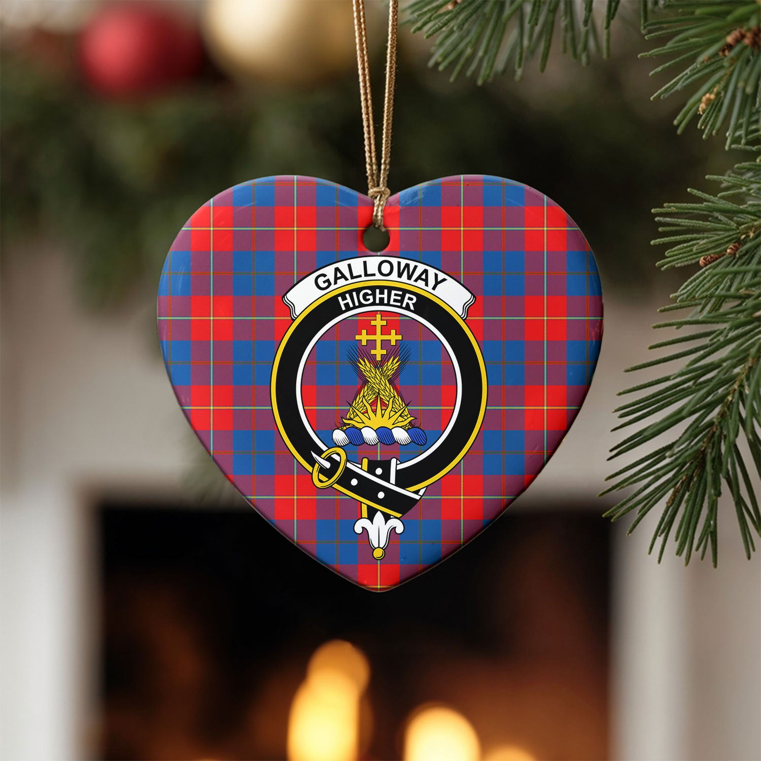 Galloway Red Tartan Crest Christmas Ceramic Ornament