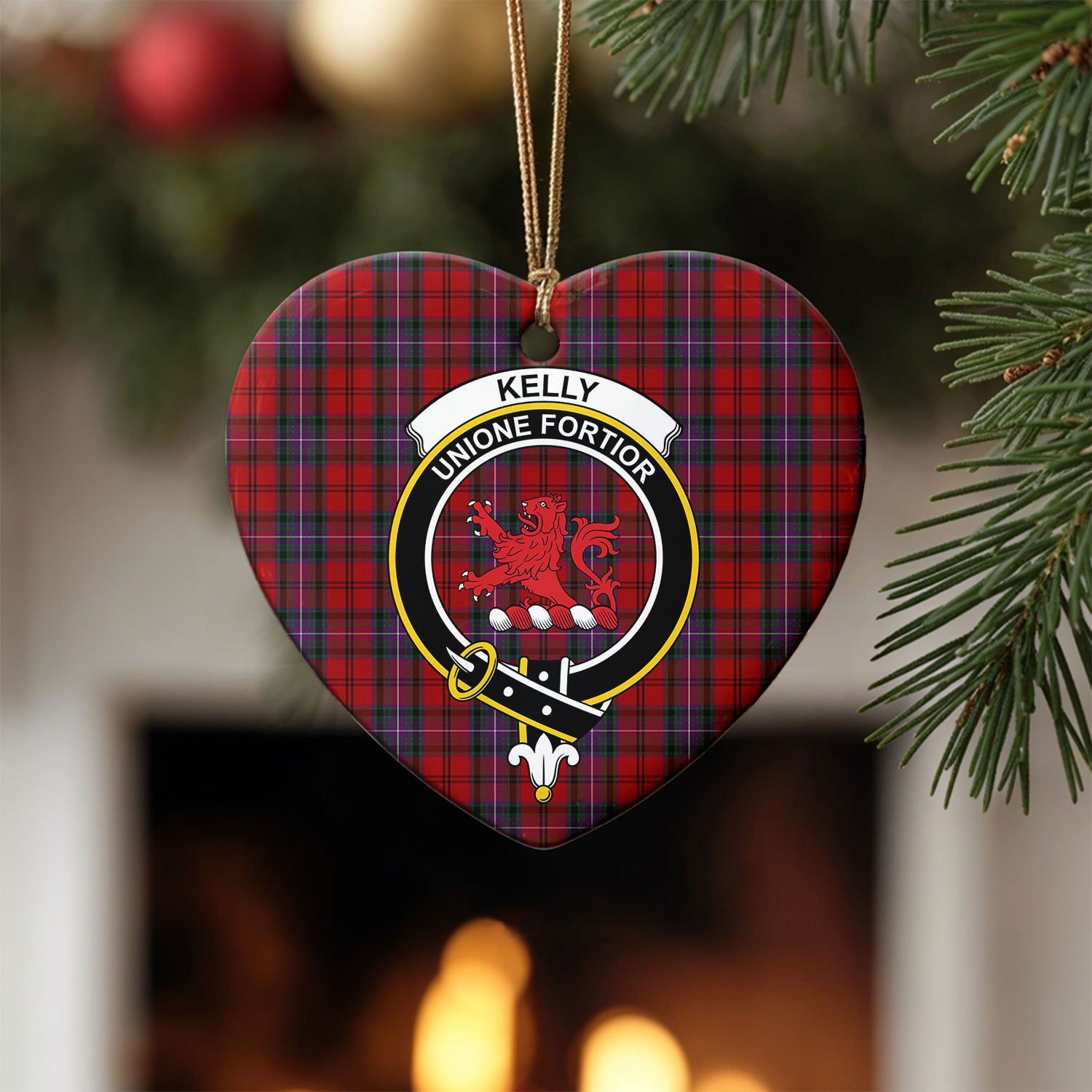 Kelly of Sleat Red Tartan Crest Christmas Ceramic Ornament