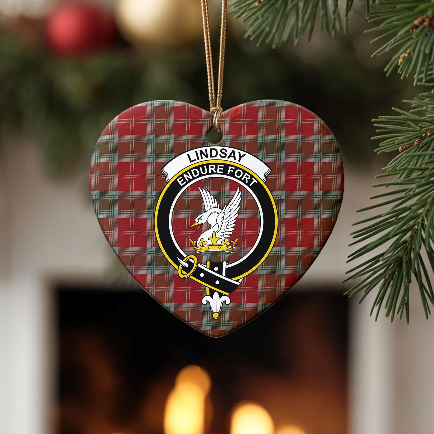 Lindsay Weathered Tartan Crest Christmas Ceramic Ornament