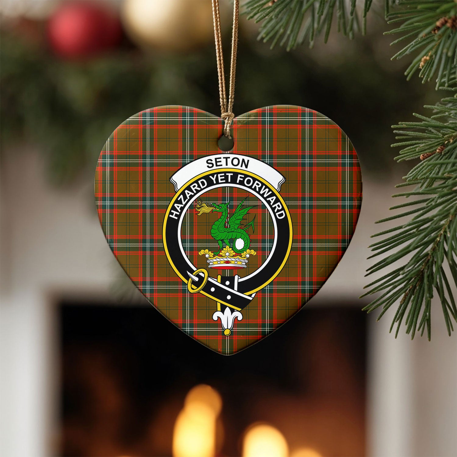Seton Hunting Modern Tartan Crest Christmas Ceramic Ornament