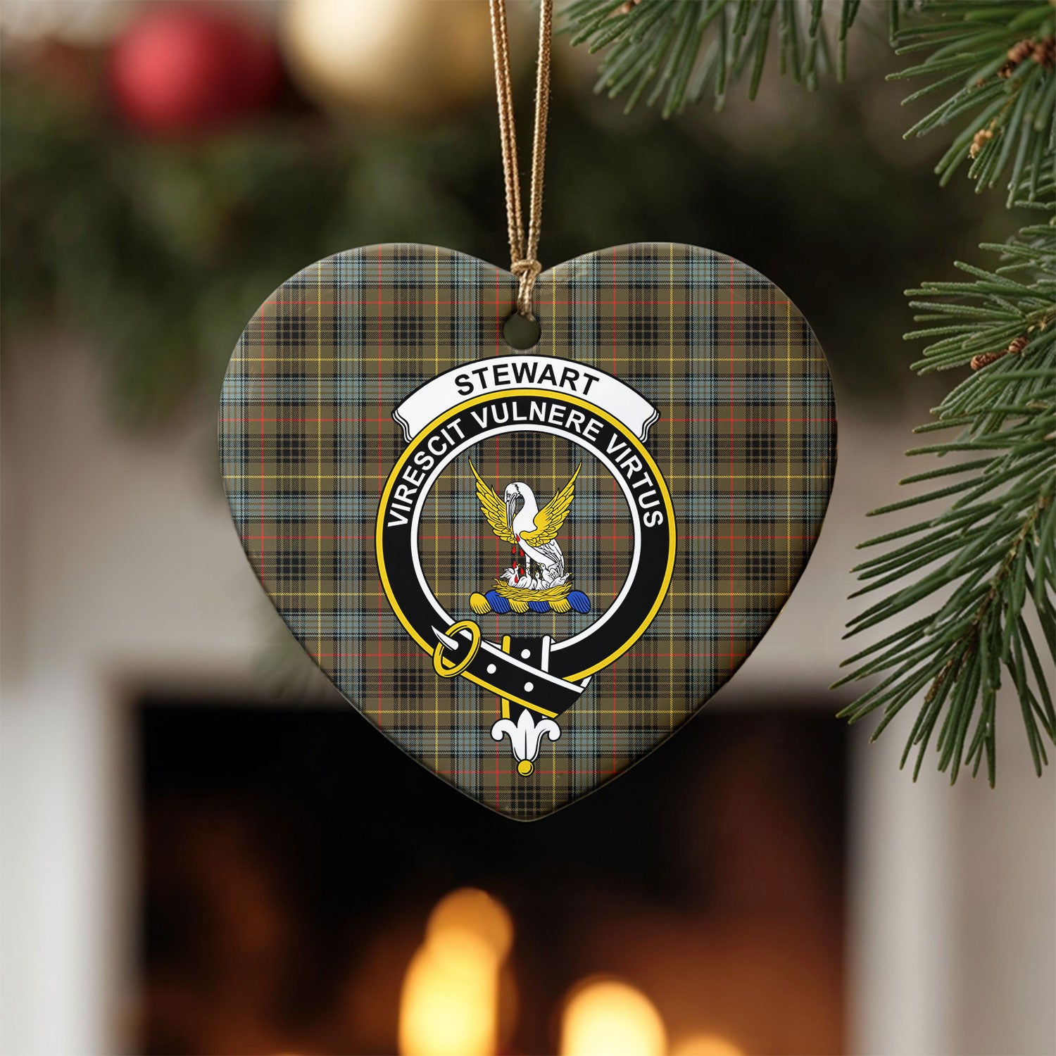 Stewart Hunting Weathered Tartan Crest Christmas Ceramic Ornament