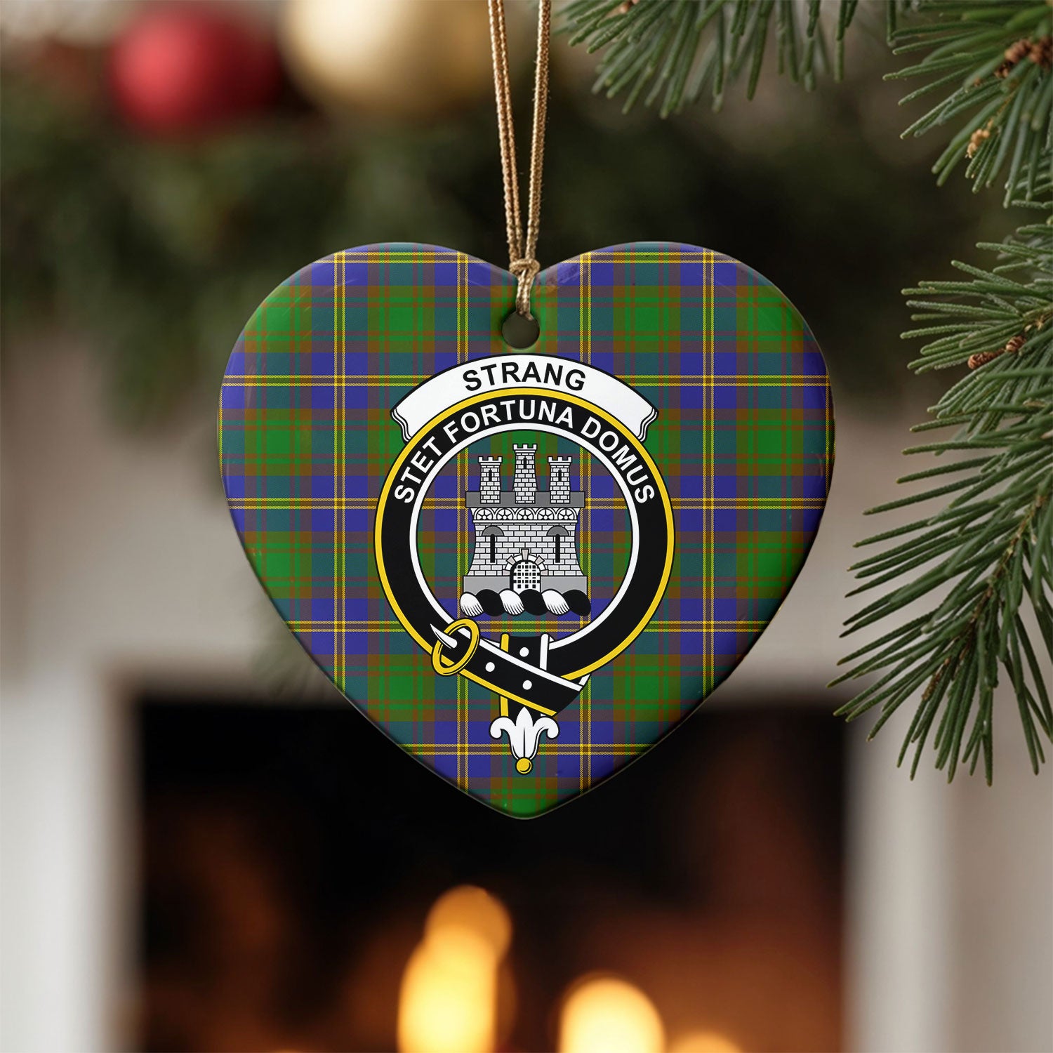 Strang (or Strange) Tartan Crest Christmas Ceramic Ornament