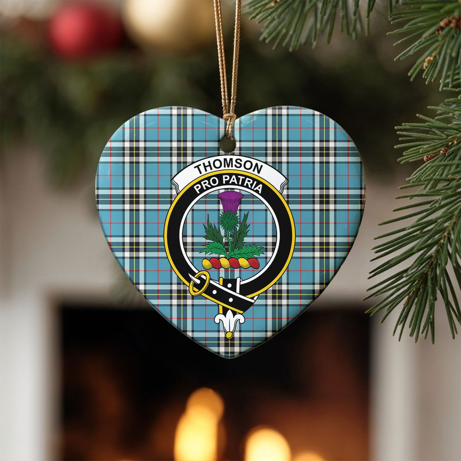 Thomson Blue Tartan Crest Christmas Ceramic Ornament