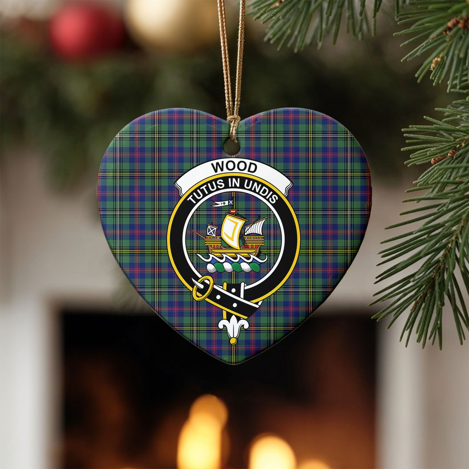 Wood Tartan Crest Christmas Ceramic Ornament