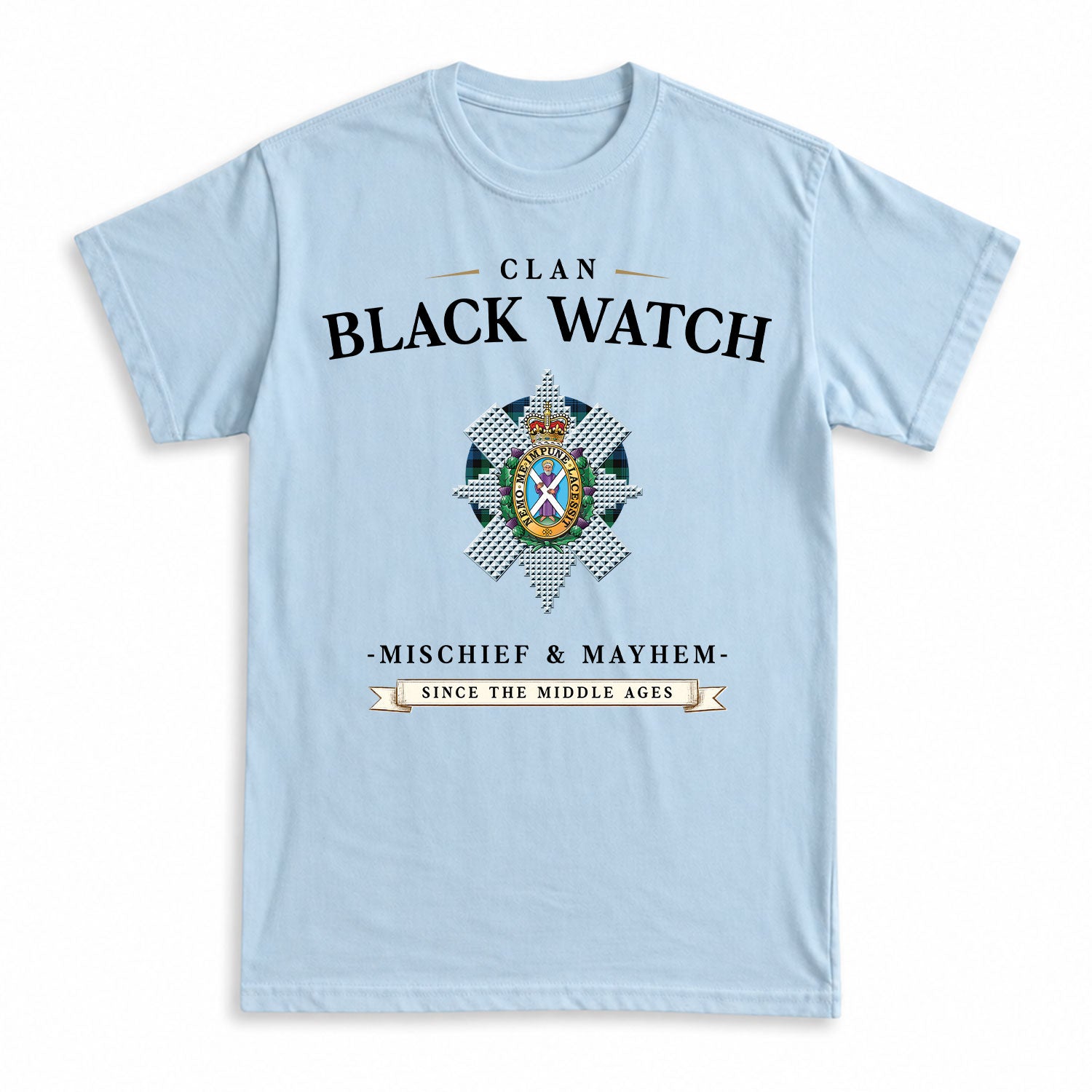 Black Watch Ancient Tartan Crest Mischief and Mayhem T-shirt