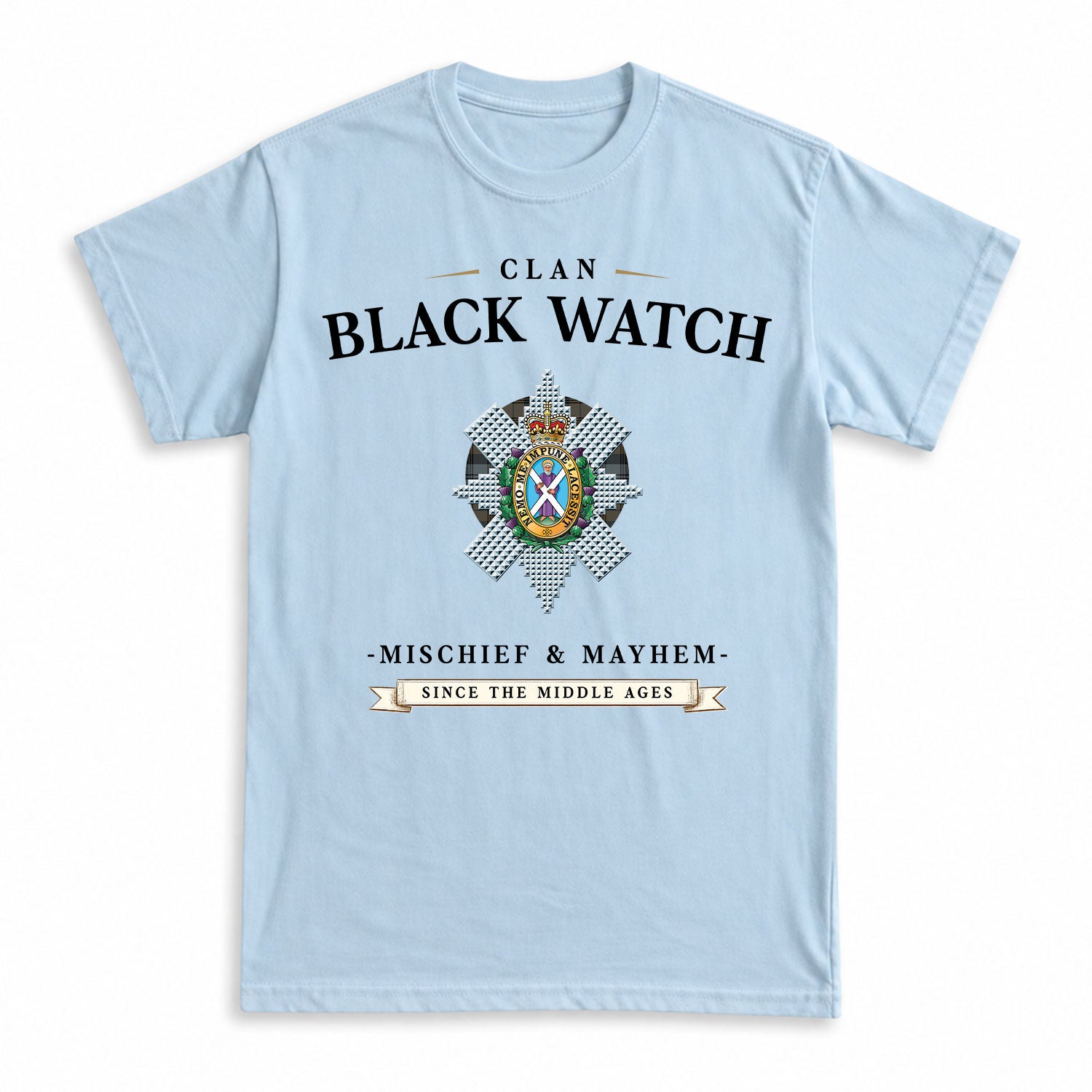 Black Watch Weathered Tartan Crest Mischief and Mayhem T-shirt
