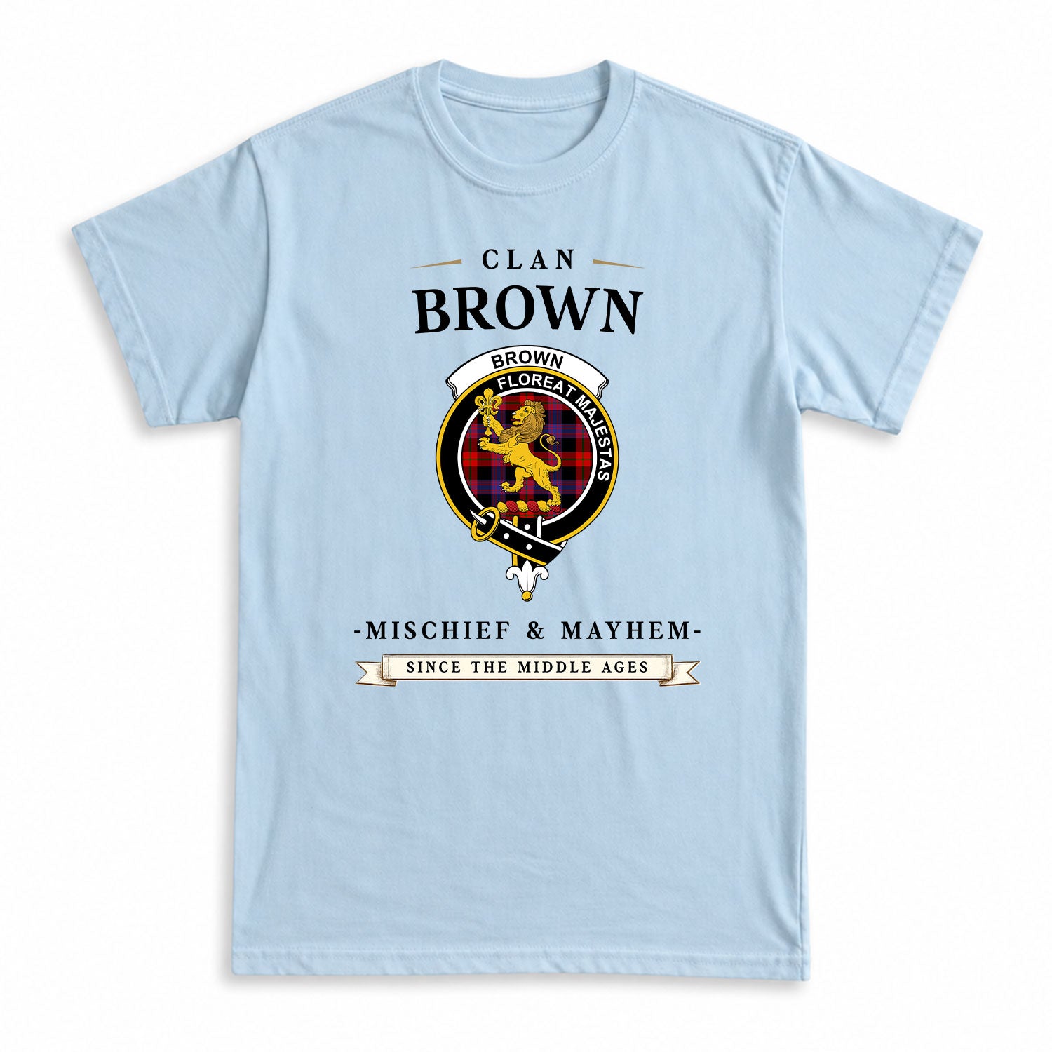 Brown Modern Tartan Crest Mischief and Mayhem T-shirt
