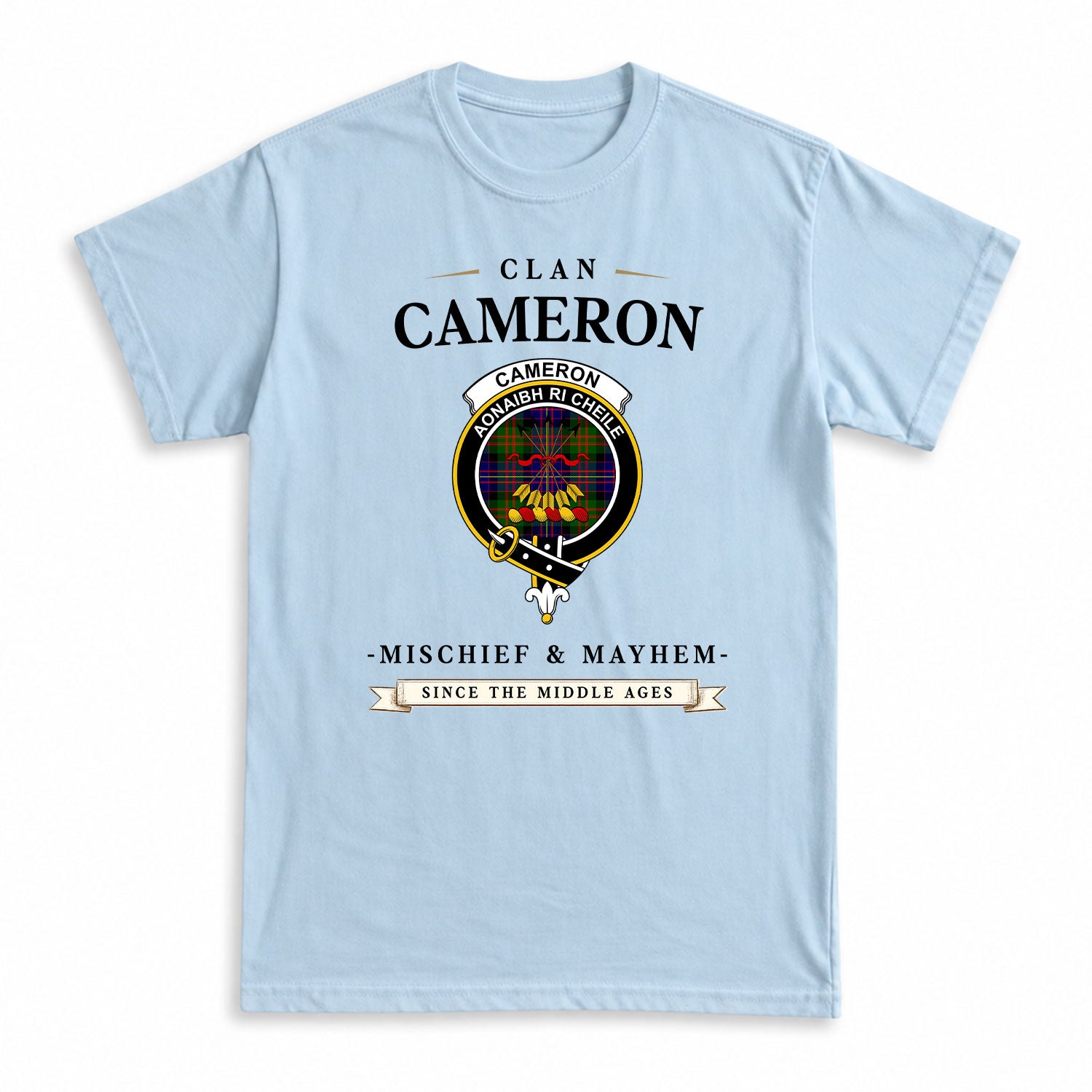Cameron of Erracht Modern Tartan Crest Mischief and Mayhem T-shirt