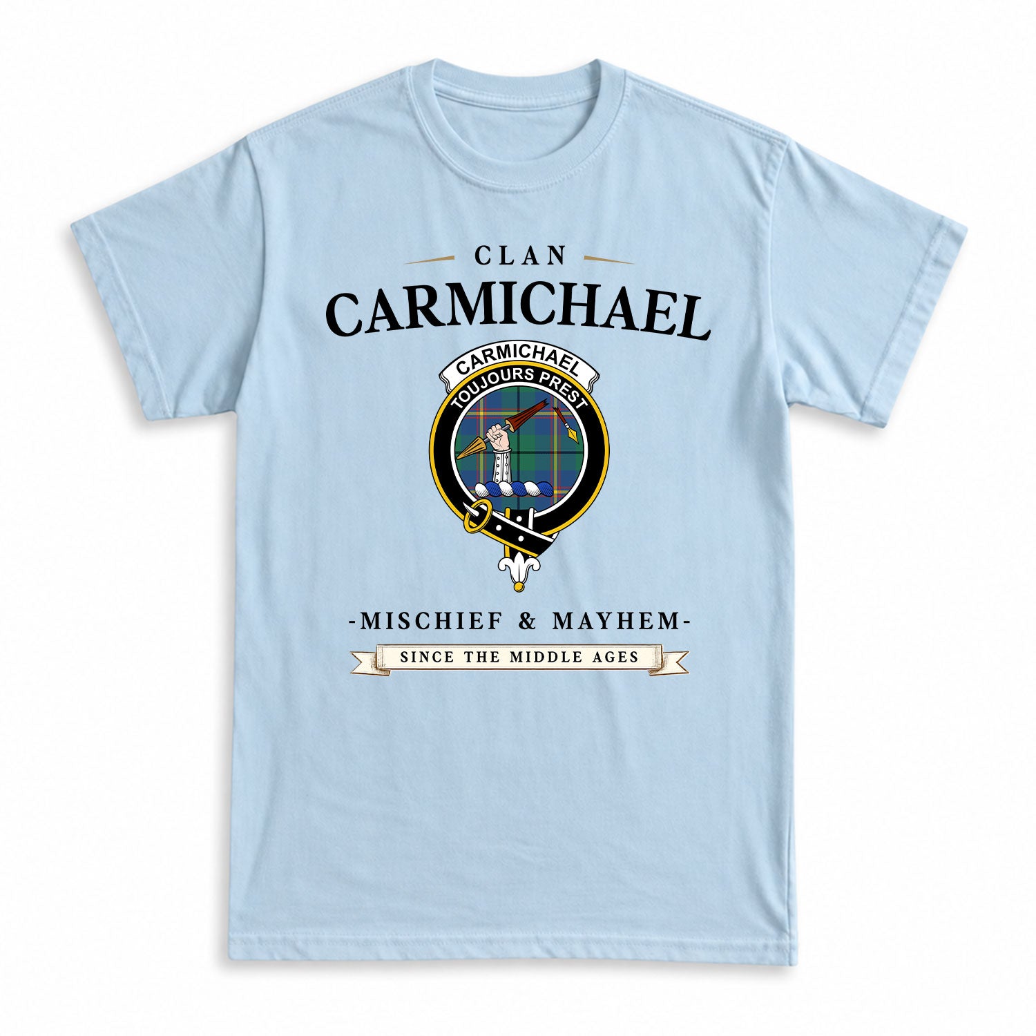 Carmichael Ancient Tartan Crest Mischief and Mayhem T-shirt