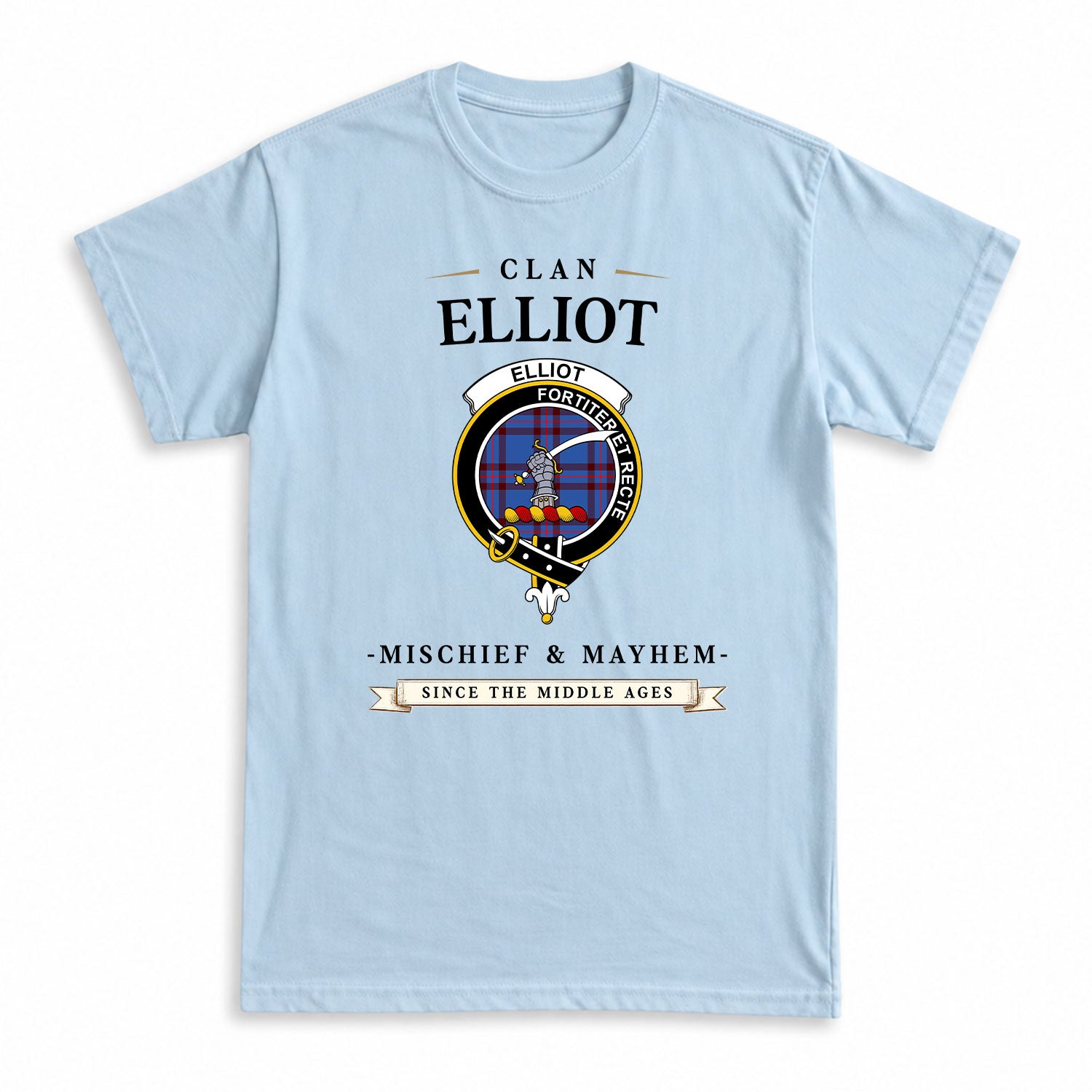Elliot Modern Tartan Crest Mischief and Mayhem T-shirt