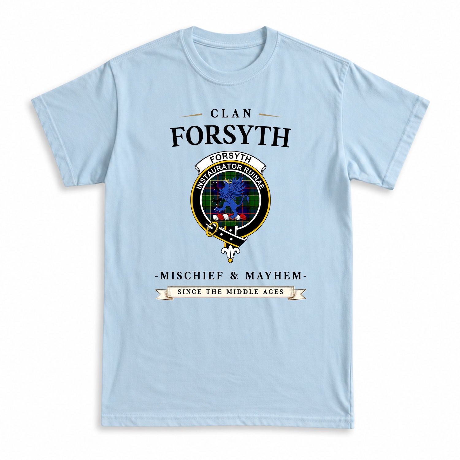 Forsyth Modern Tartan Crest Mischief and Mayhem T-shirt