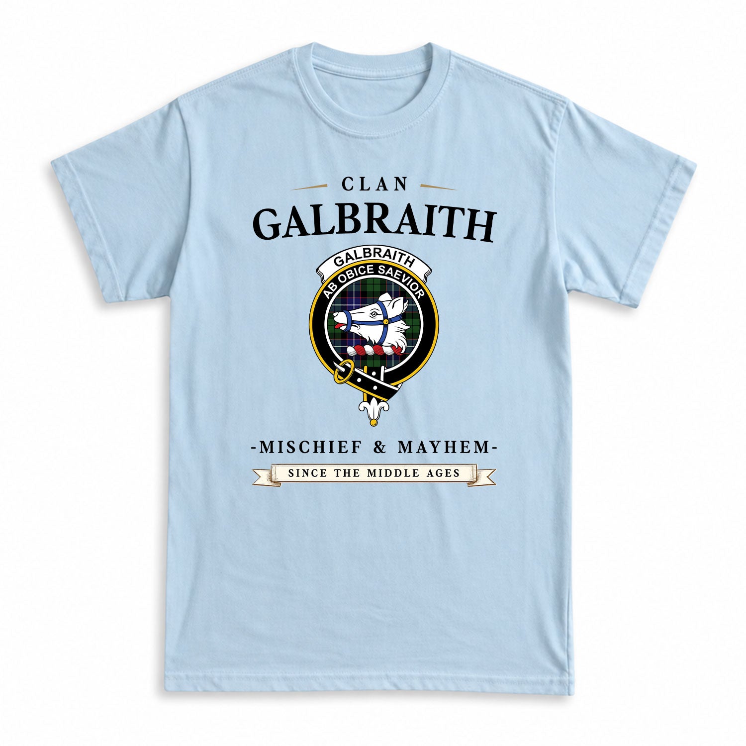 Galbraith Modern Tartan Crest Mischief and Mayhem T-shirt