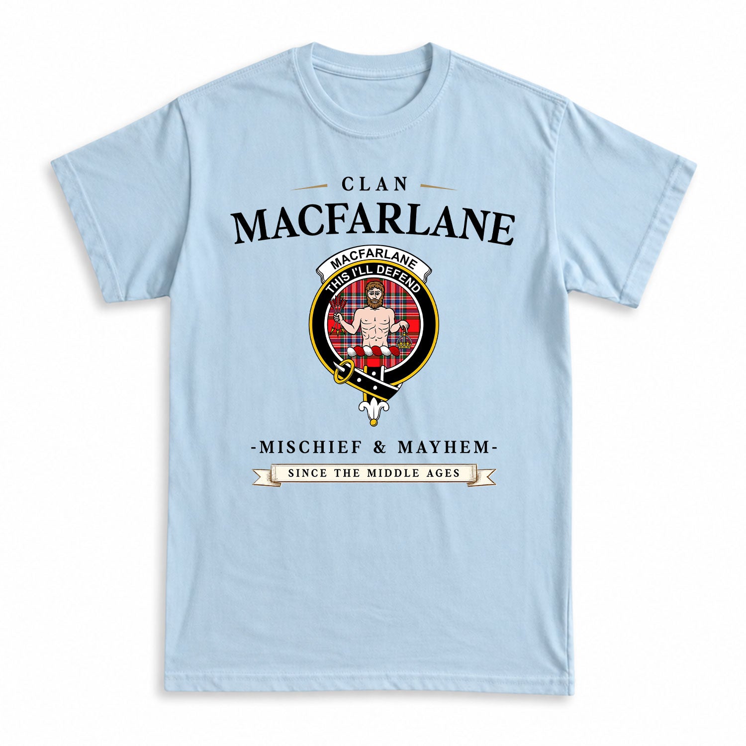 MacFarlane Modern Tartan Crest Mischief and Mayhem T-shirt