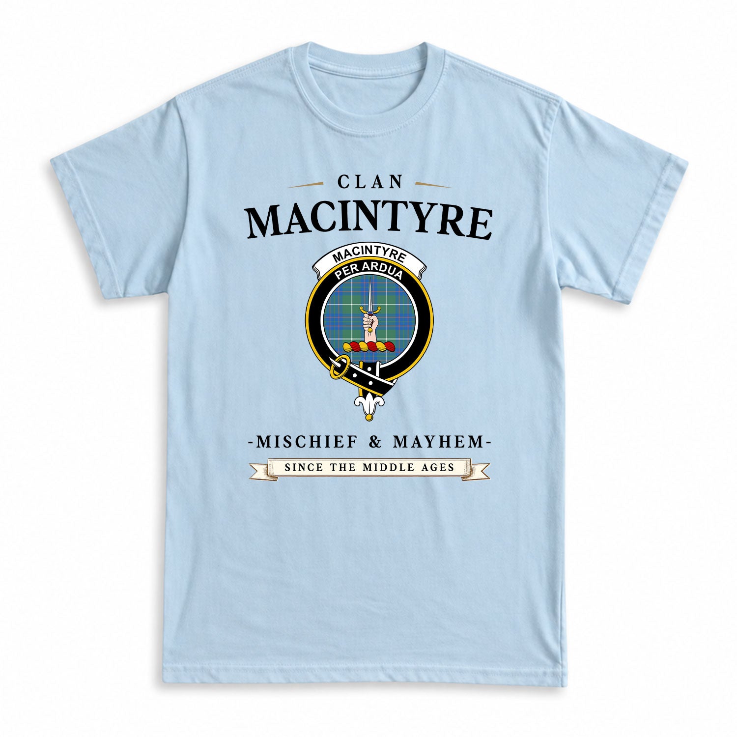 MacIntyre Hunting Ancient Tartan Crest Mischief and Mayhem T-shirt