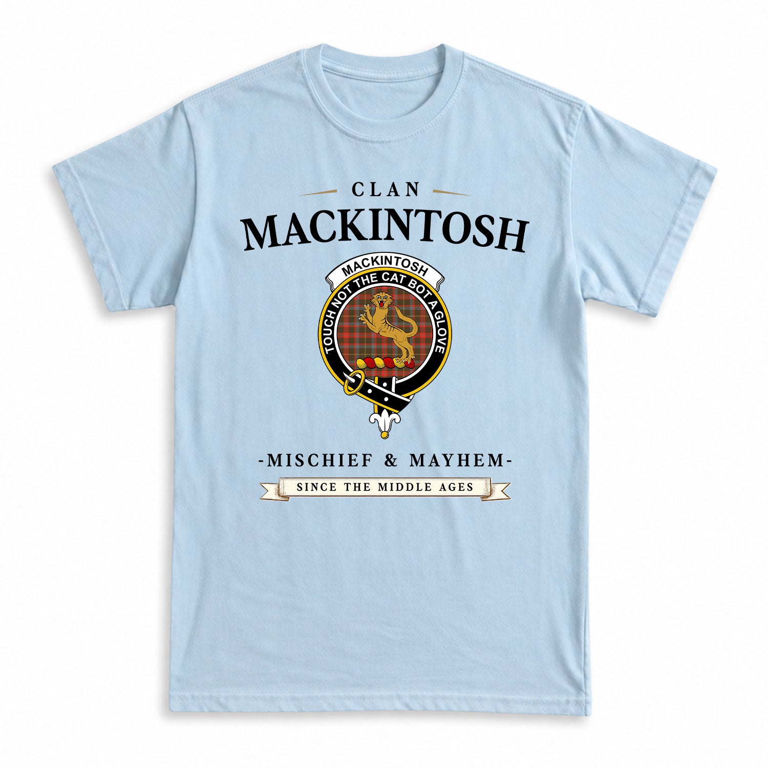 MacKintosh Hunting Weathered Tartan Crest Mischief and Mayhem T-shirt