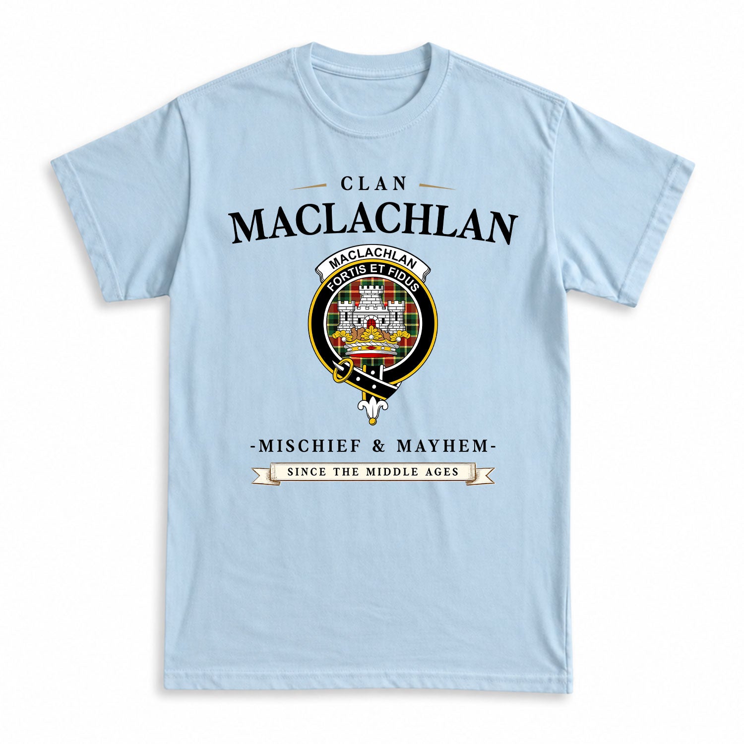 MacLachlan Hunting Modern Tartan Crest Mischief and Mayhem T-shirt