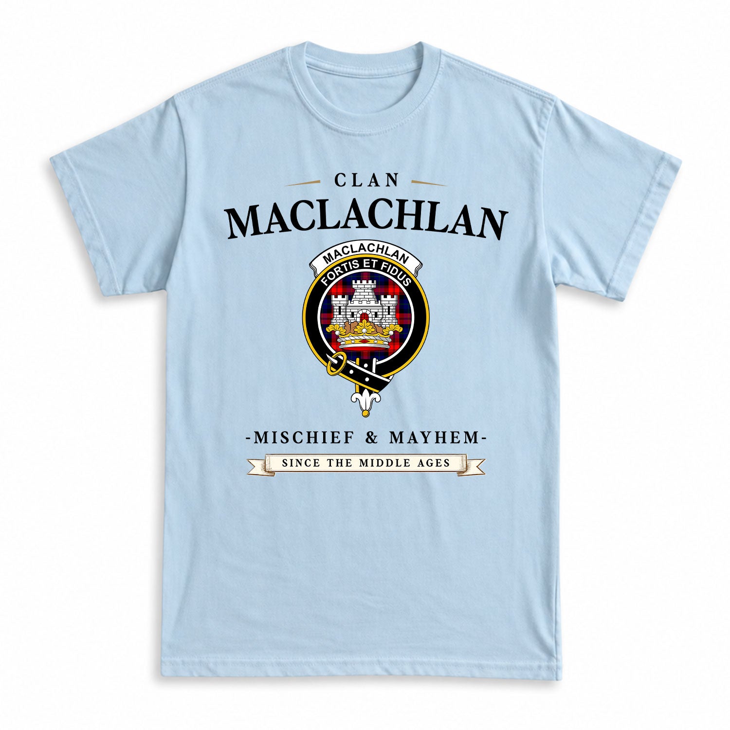 MacLachlan Modern Tartan Crest Mischief and Mayhem T-shirt