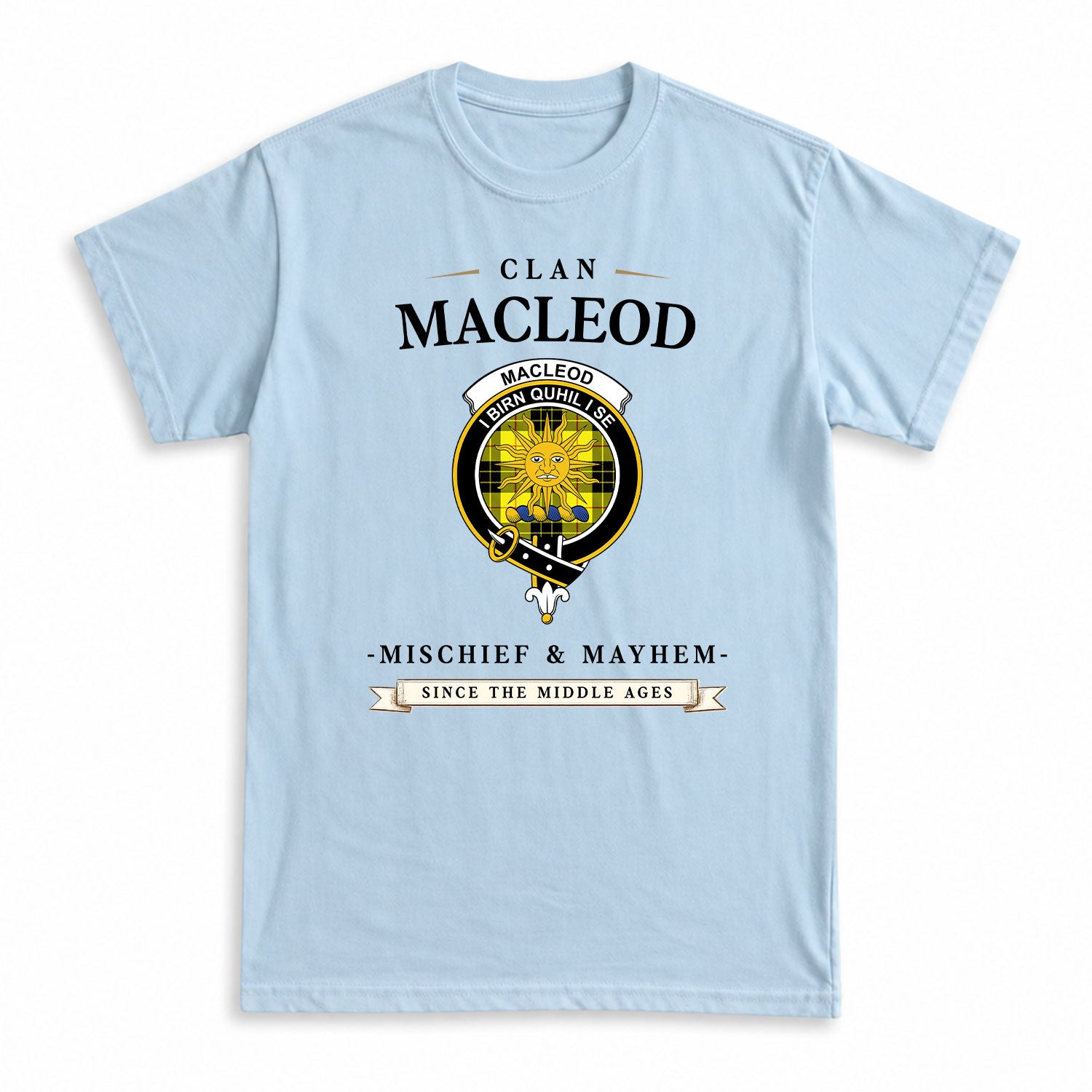 MacLeod of Lewis Modern Tartan Crest Mischief and Mayhem T-shirt