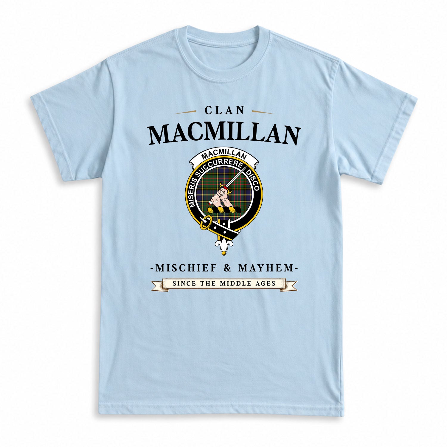 MacMillan Hunting Modern Tartan Crest Mischief and Mayhem T-shirt